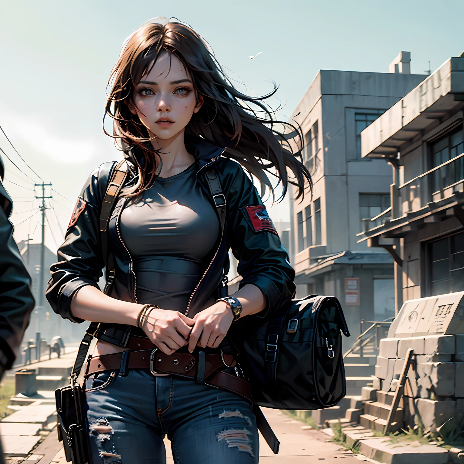 Mulher joven aproximadamente 20 anos, cabelos curtos castanhos, olhos azuis, seios medianos, usando jeans e blusa decotada, lara em rise of the tomb raider --auto