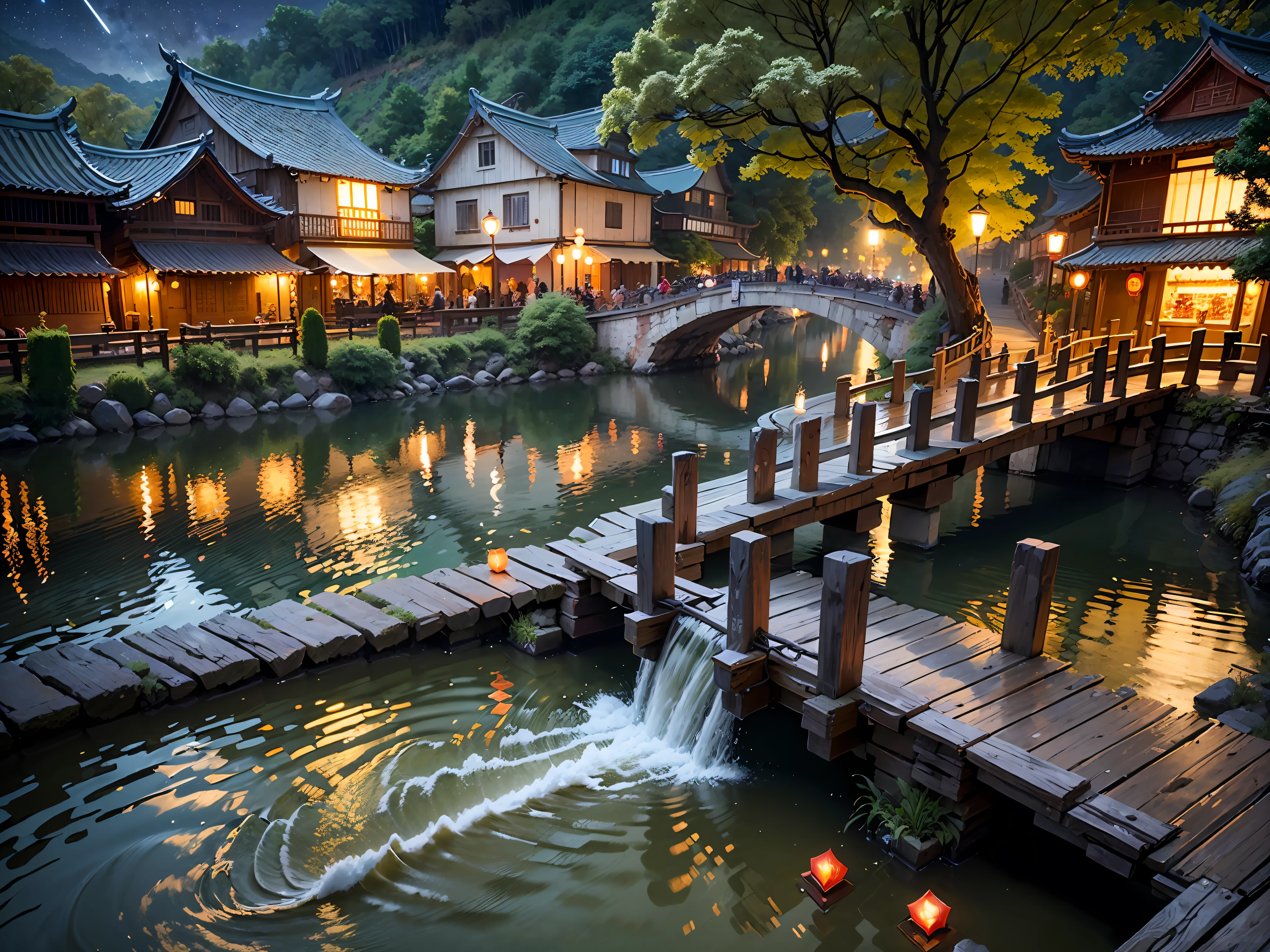 (8K分辨率,Masterpiece,gracefulness,Night view of the old town,plethora of colors),Small bridges and flowing water,the starry sky is reflected,Kong Ming lanterns float on the surface of the river。