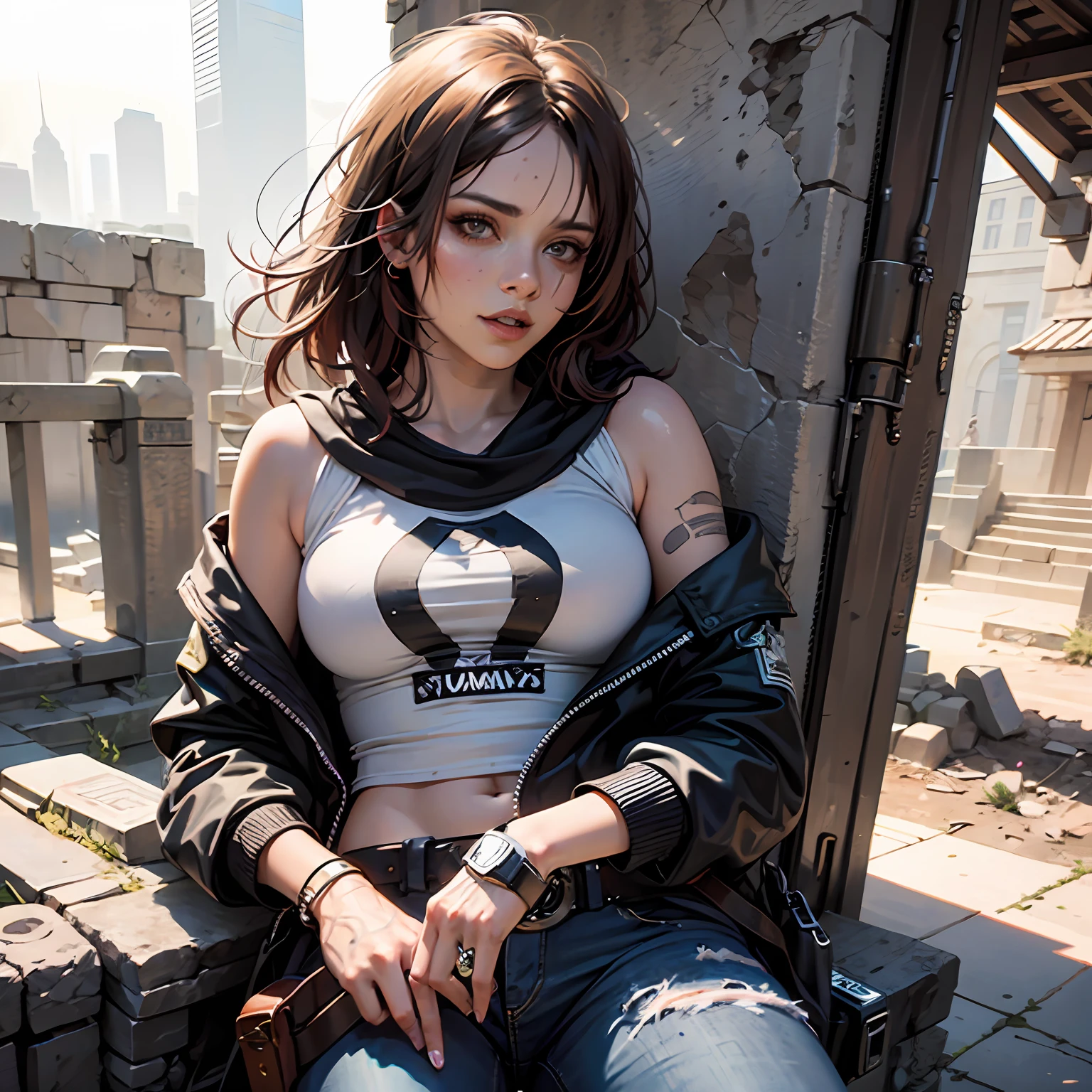Mulher joven aproximadamente 20 anos, cabelos curtos castanhos, olhos azuis, seios medianos, usando jeans e blusa decotada, lara em rise of the tomb raider --auto