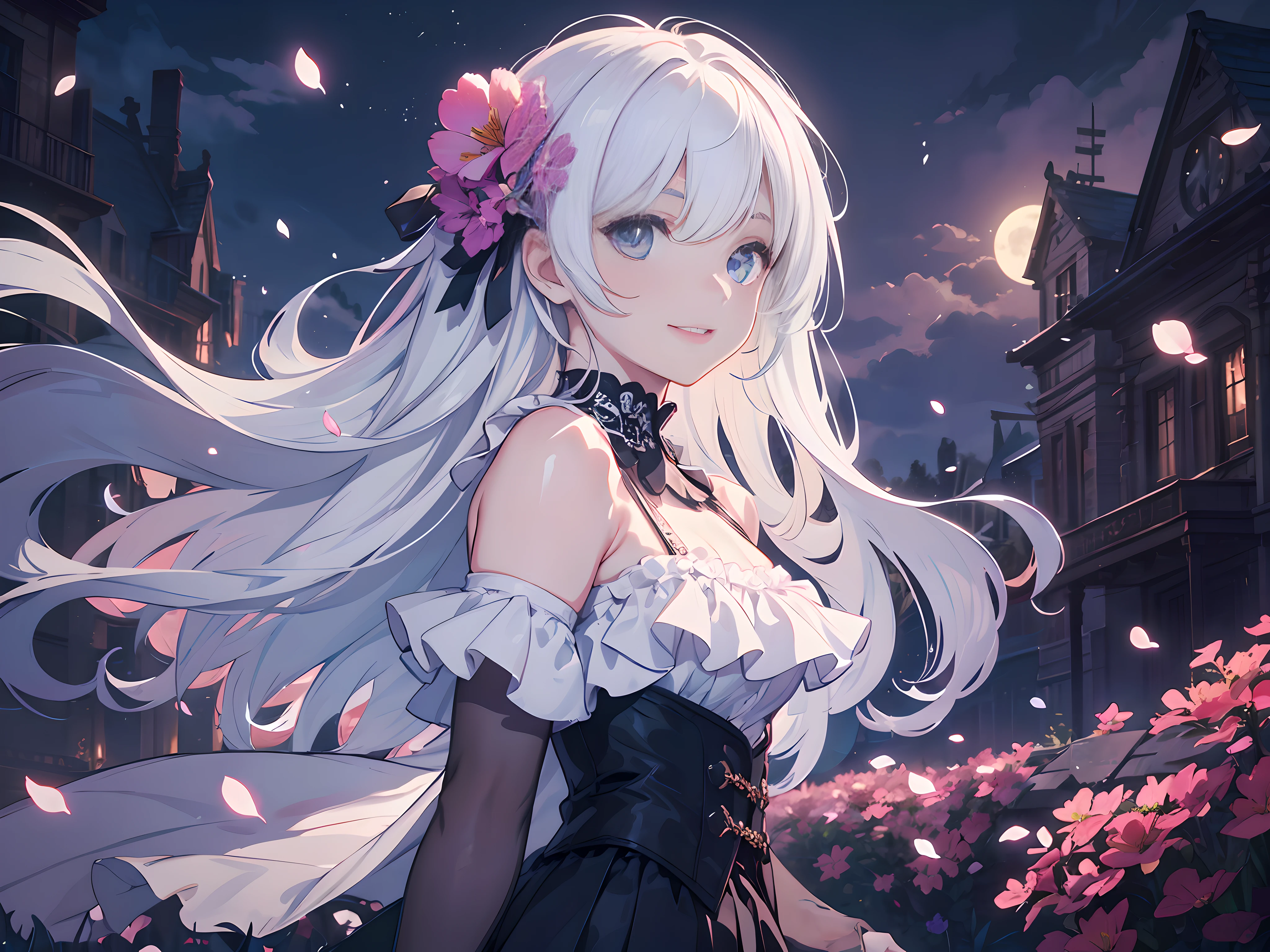masterpiece, best quality, 1girl, (colorful),(finely detailed beautiful eyes and detailed face),cinematic lighting,bust shot,extremely detailed CG unity 8k wallpaper,white hair,solo,smile,intricate skirt,((flying petal)),(Flowery meadow) sky, cloudy_sky, building, moonlight, moon, night, (dark theme:1.3), light, fantasy,