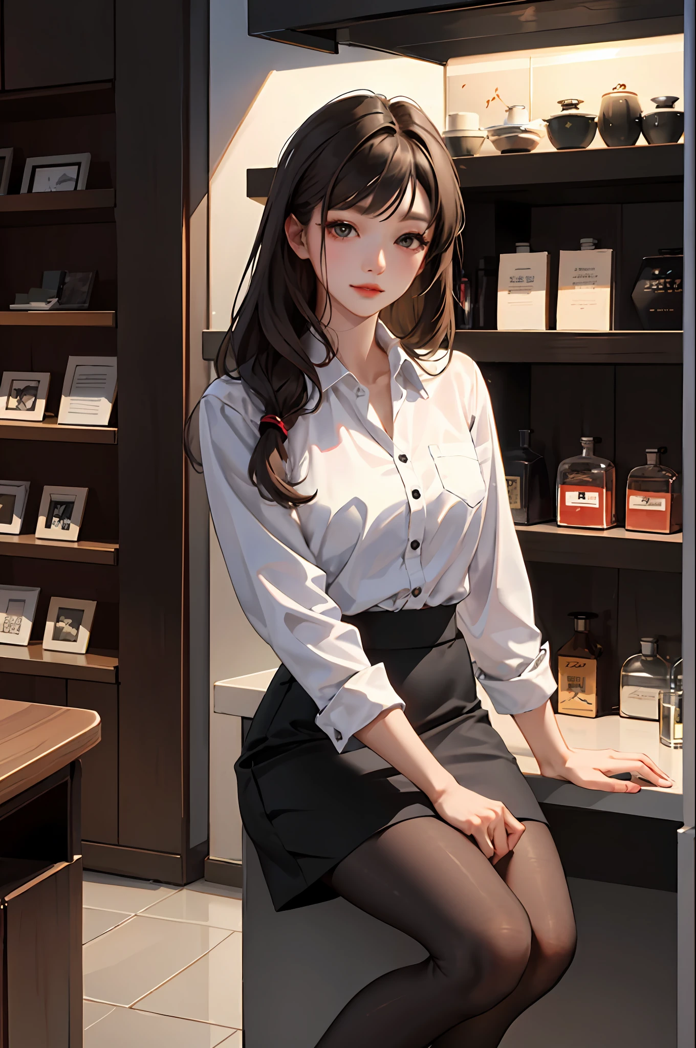 (tmasterpiece:1.2, need), (real shot, intricately sculpted), 独奏, 1lady， Brown-haired，long haired， Korea，Business Suite，White shirt on the upper body+Black hip-tight skirt at the bottom，Black pantyhose，feet focus，without wearing shoes