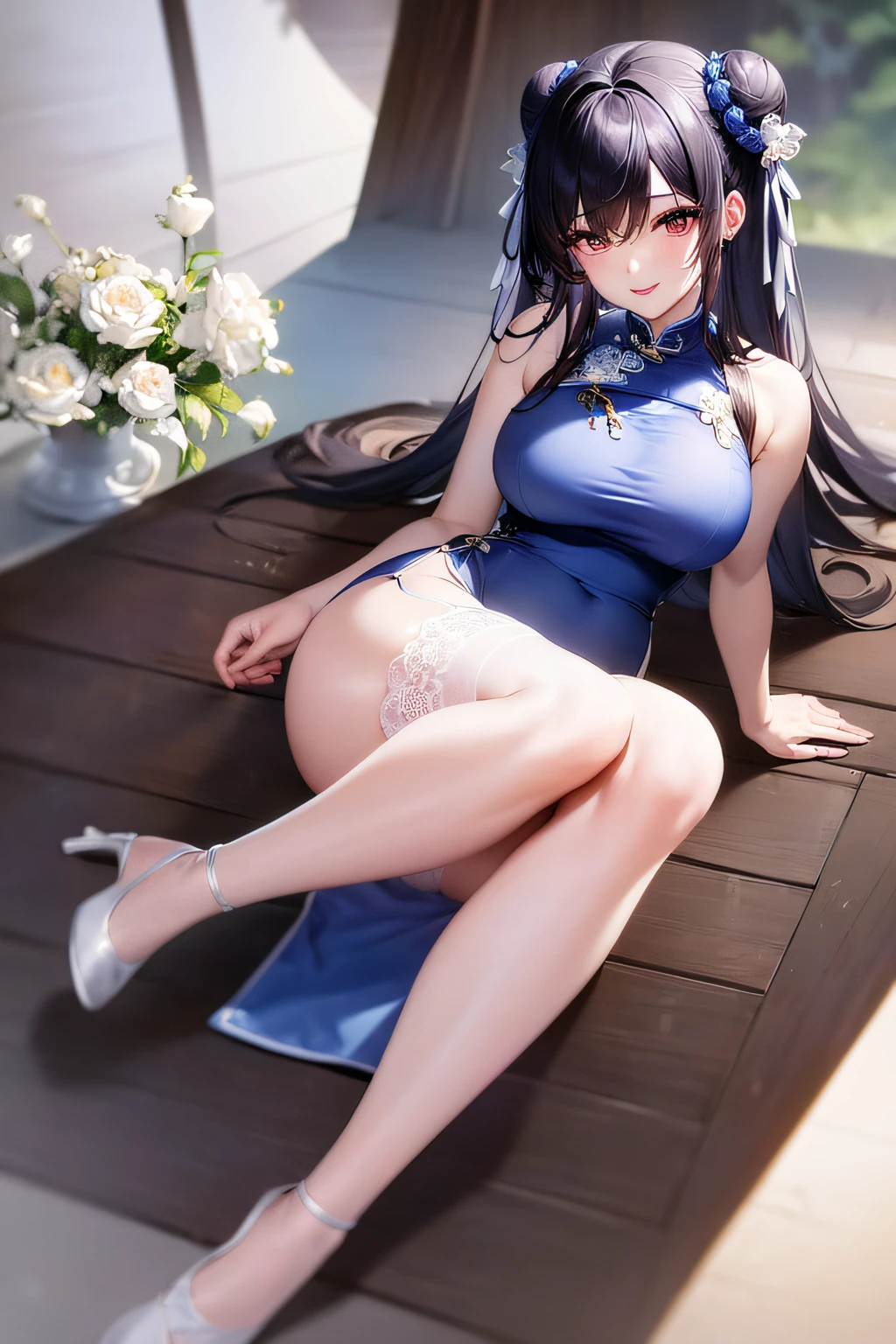 noshirodress, 1girl, breasts, long hair, ass, solo, looking at viewer, large breasts, thighhighs, flower, china dress, lying, blue dress, bare shoulders, on stomach, sideboob, white thighhighs, thighs