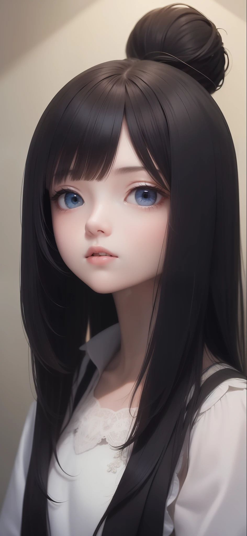 best quality, masterpiece, black hair, blue eyes, looking up, upper body