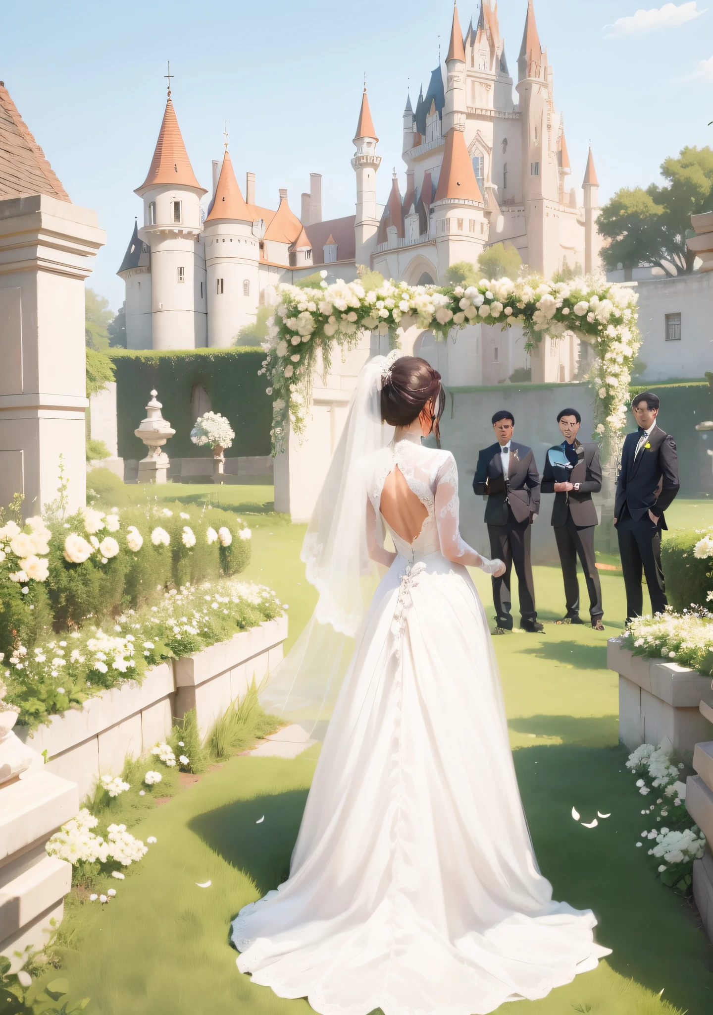 The back of a woman in a wedding dress、In front of the woman, there were three men in suits standing together under the flower gate、Wedding scene、In the distance, there is an orange castle、There are white gardenias in the foreground --auto
