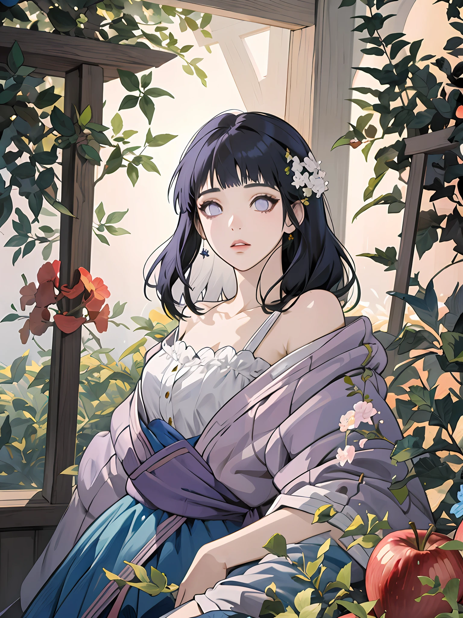 anime girl sitting in a garden with apples and flowers, guweiz, guweiz on pixiv artstation, guweiz on artstation pixiv, romanticism art style, artwork in the style of guweiz, dark blue haired princess, guweiz masterpiece, kawacy, beautiful anime portrait, purple eyes, blunt bangs