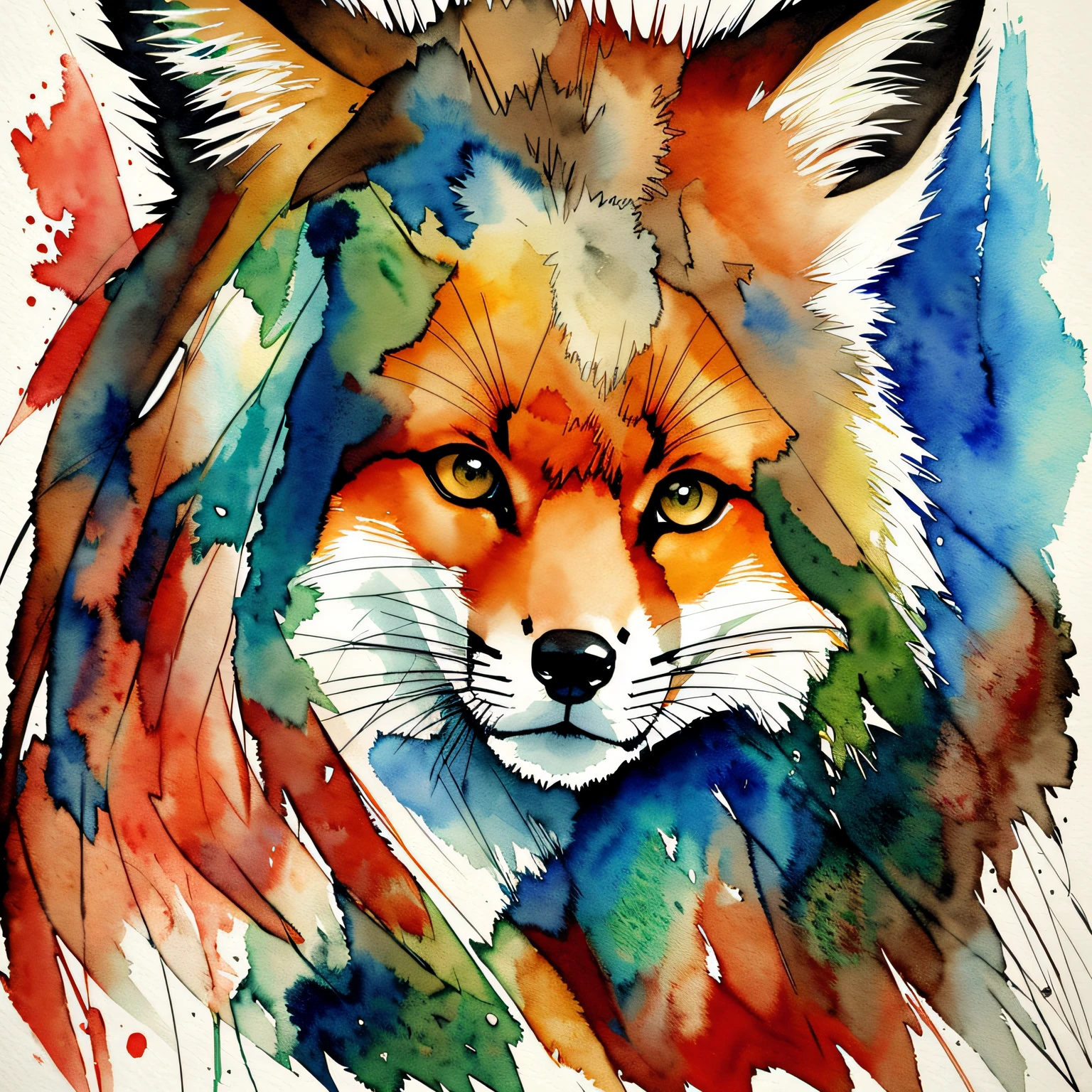 watercolor style, Digital art of (fox character), official art, frontal, smiling, masterpiece, Beautiful, ((watercolor)), face paint, paint splatter, intricate details. Highly detailed, detailed eyes, [dripping:0.5], Trending on artstation, by Rachel Walker