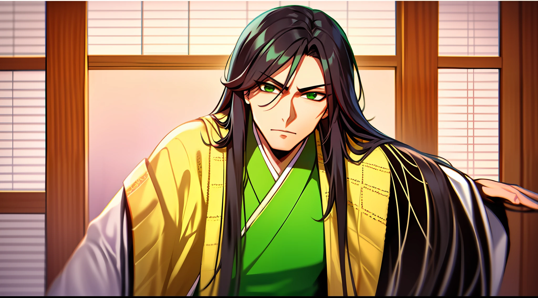 Yan Qing, homem lindo, cabelos pretos com rabo de cavalo, olhos verdes, foto de corpo inteiro trajando um Kimono.