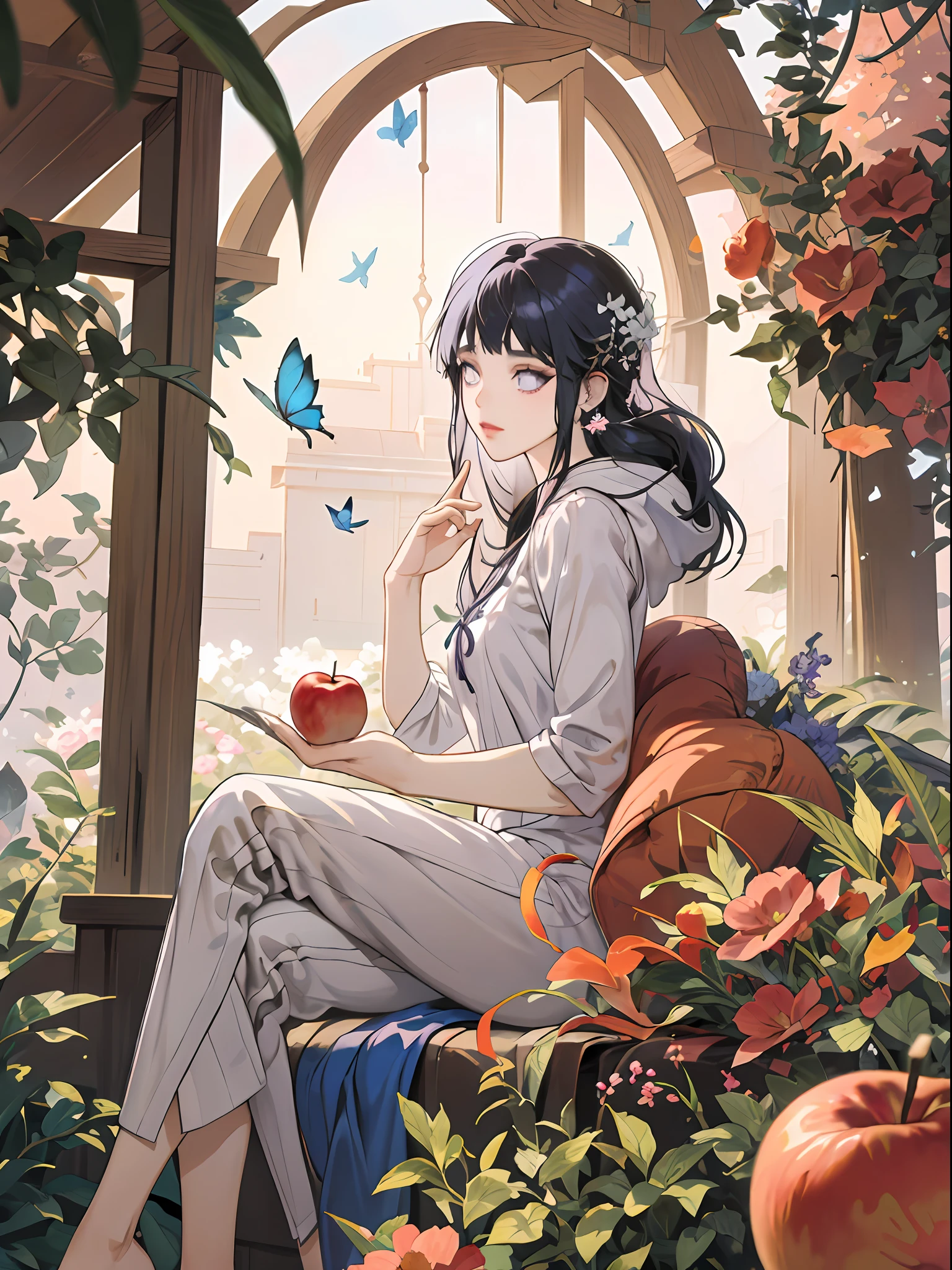 anime girl sitting in a garden with apples and flowers, guweiz, guweiz on pixiv artstation, guweiz on artstation pixiv, romanticism art style, artwork in the style of guweiz, dark blue haired  princess, guweiz masterpiece, kawacy, beautiful anime portrait, purple eyes, blunt bangs,  butterflies, long hair
