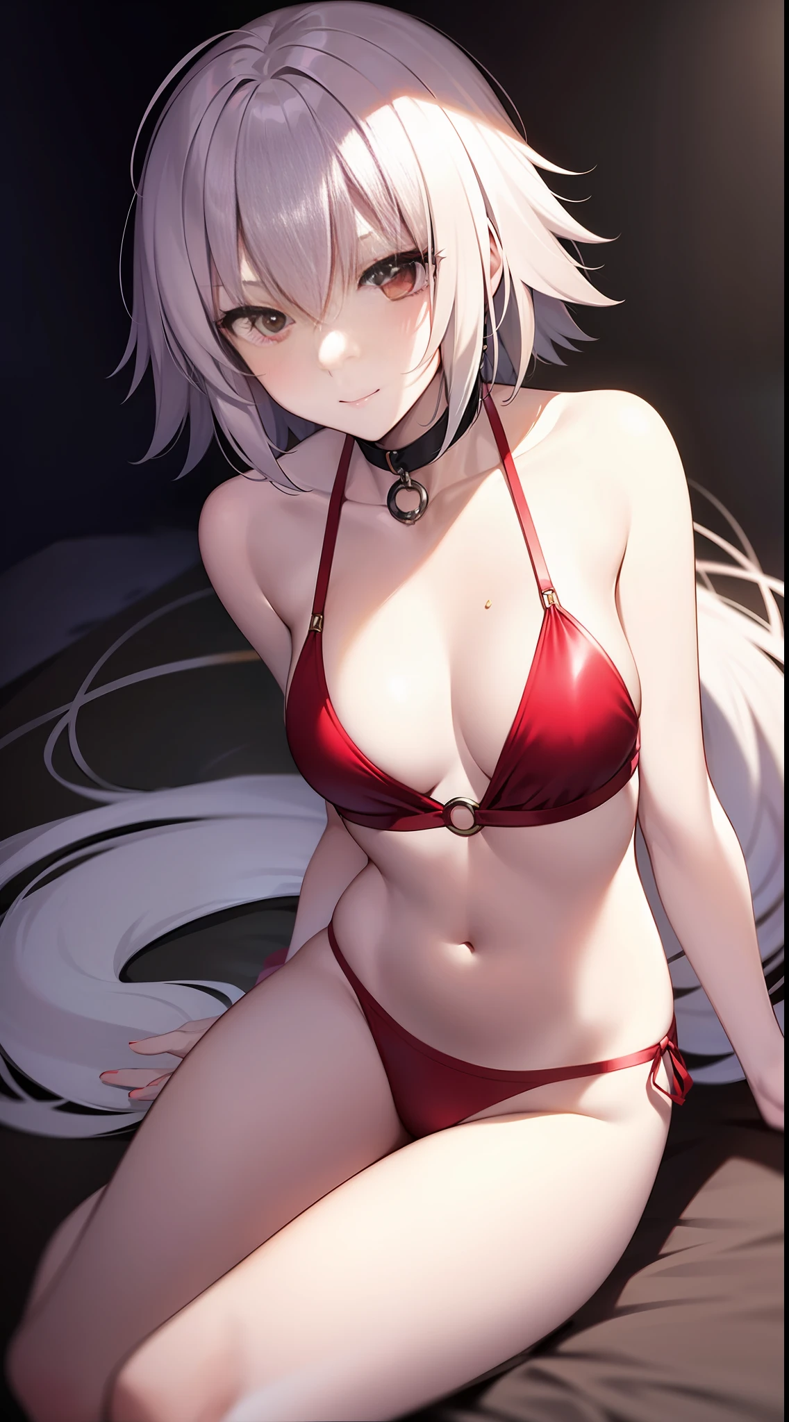 portrait of jeanne darc alter wearing shiny red swimsuit, small breasts