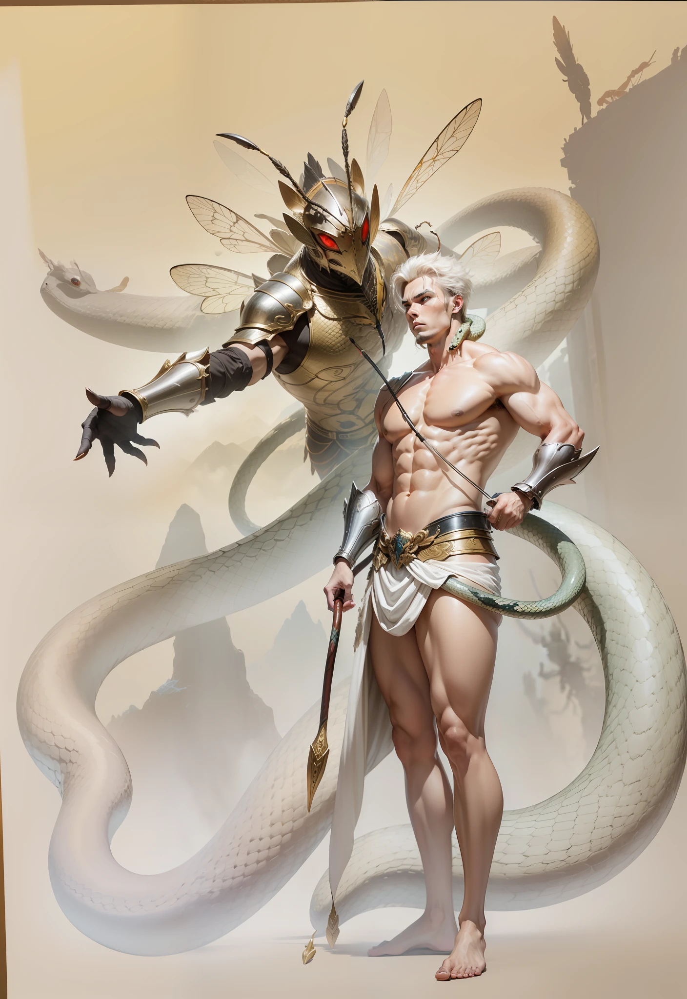 Battle between the Serpent God and the Insect God、The figure of the snake god beauty young man、The serpent god threatens enemies with a bow、Attack the insect god by putting out a large snake from the body、The insect god wears armor in the form of a giant、An insect god leaning over from the other side of the mountain、Insects flying around insects
