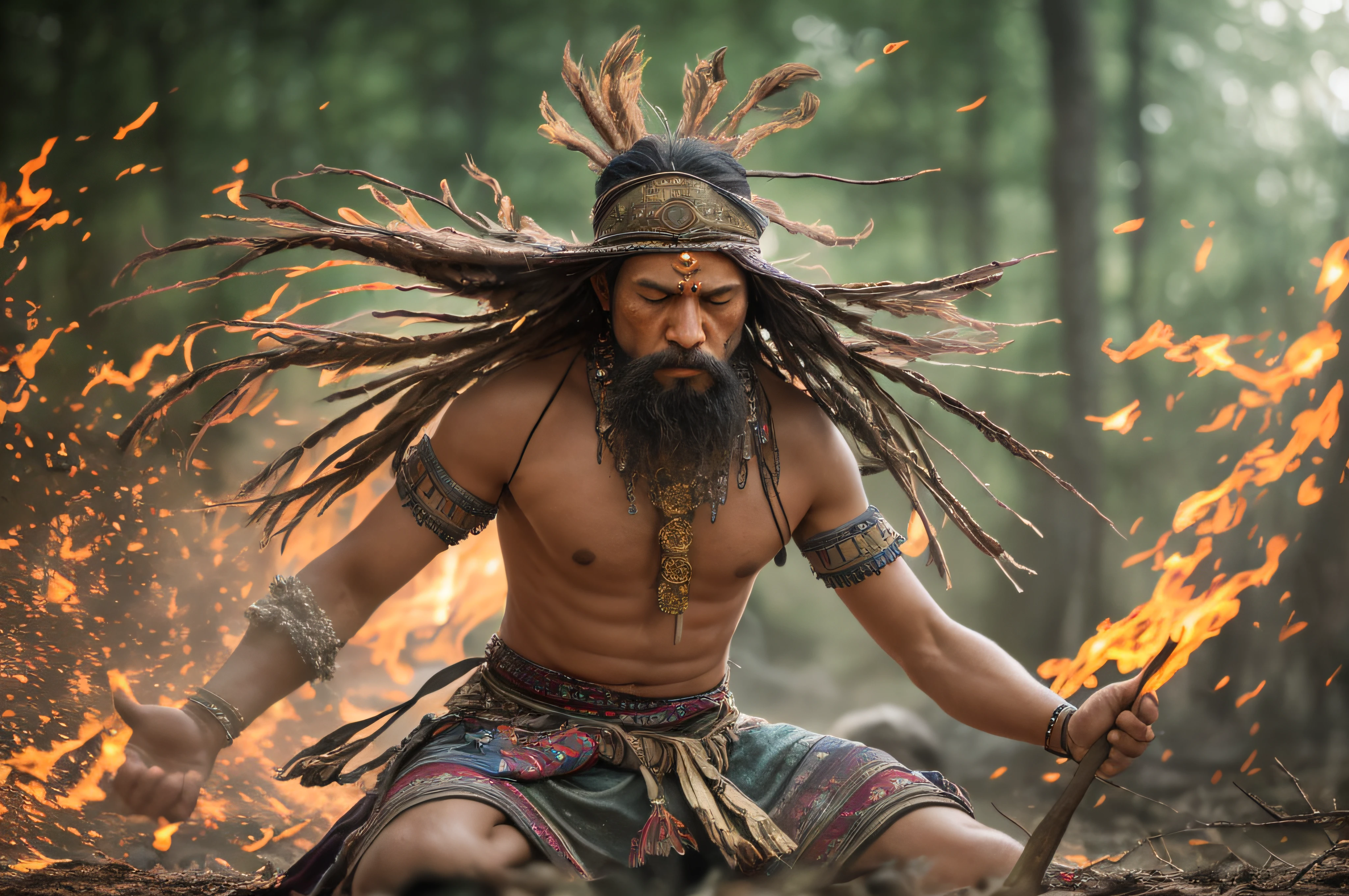 {{A captivating image of a Comanche Shaman in a trance state}}. The shaman is portrayed with intense spiritual energy, fully immersed in their ritual. The scene is set around a mesmerizing bonfire, with glowing embers and a mystical ambiance. The image utilizes a shallow depth of field, creating a beautiful bokeh effect that adds a dreamlike quality to the composition. The lens flare and camera artifacts enhance the ethereal atmosphere, giving the image a sense of otherworldliness. The motion blur adds a dynamic element, suggesting the shaman's movement during the trance. The slow shutter speed captures the flowing energy of the scene, creating a cinematic effect reminiscent of a film frame.