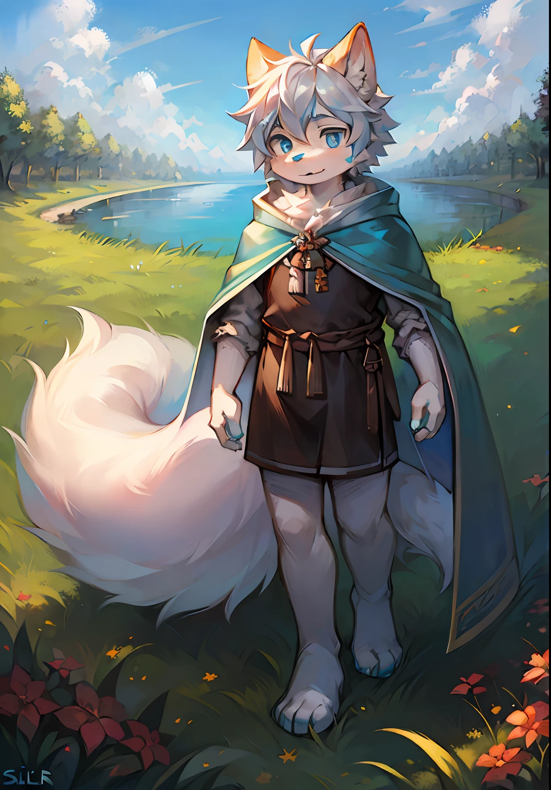 Masterpiece,High quality,abstract res,Digital painting\(artwork of a\), eyes with brightness, in a panoramic view, Character focus.(detailedbackground:0.7),, shaggy, shaggy male, malefocus, anthr,(Full Body Furry, Fluffy tail, White fur, Sky blue eyes, Silvery hair:1.2), (long canines、cloaks:1.2),(In the daytime、lawns、),Shota