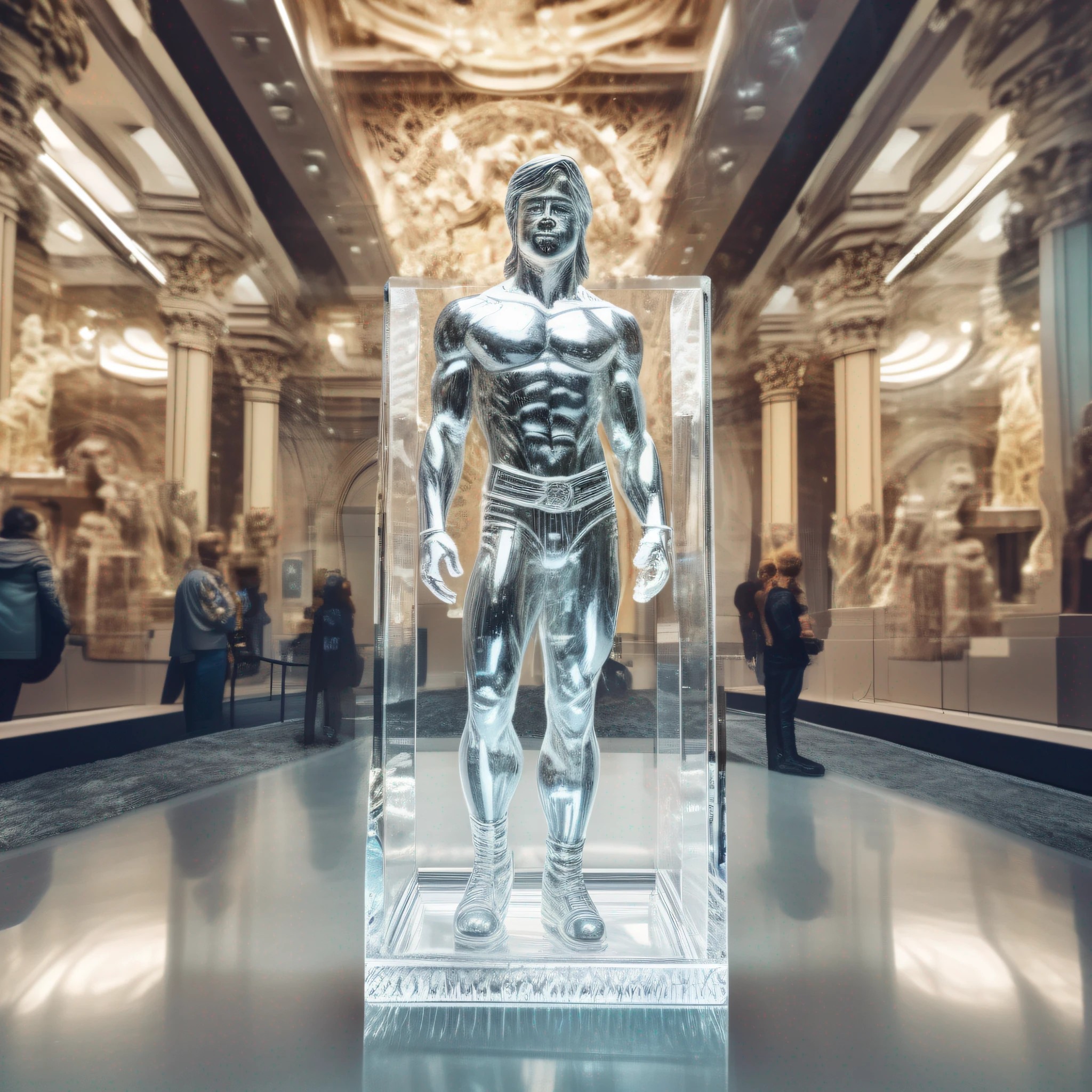 instagram photo, Brad Pitt statue in transparent crystal, wide angle, hyper detailed, crystal eyes, studio photo, made of ornate transparent crystal, on an exhibition altar, museum background