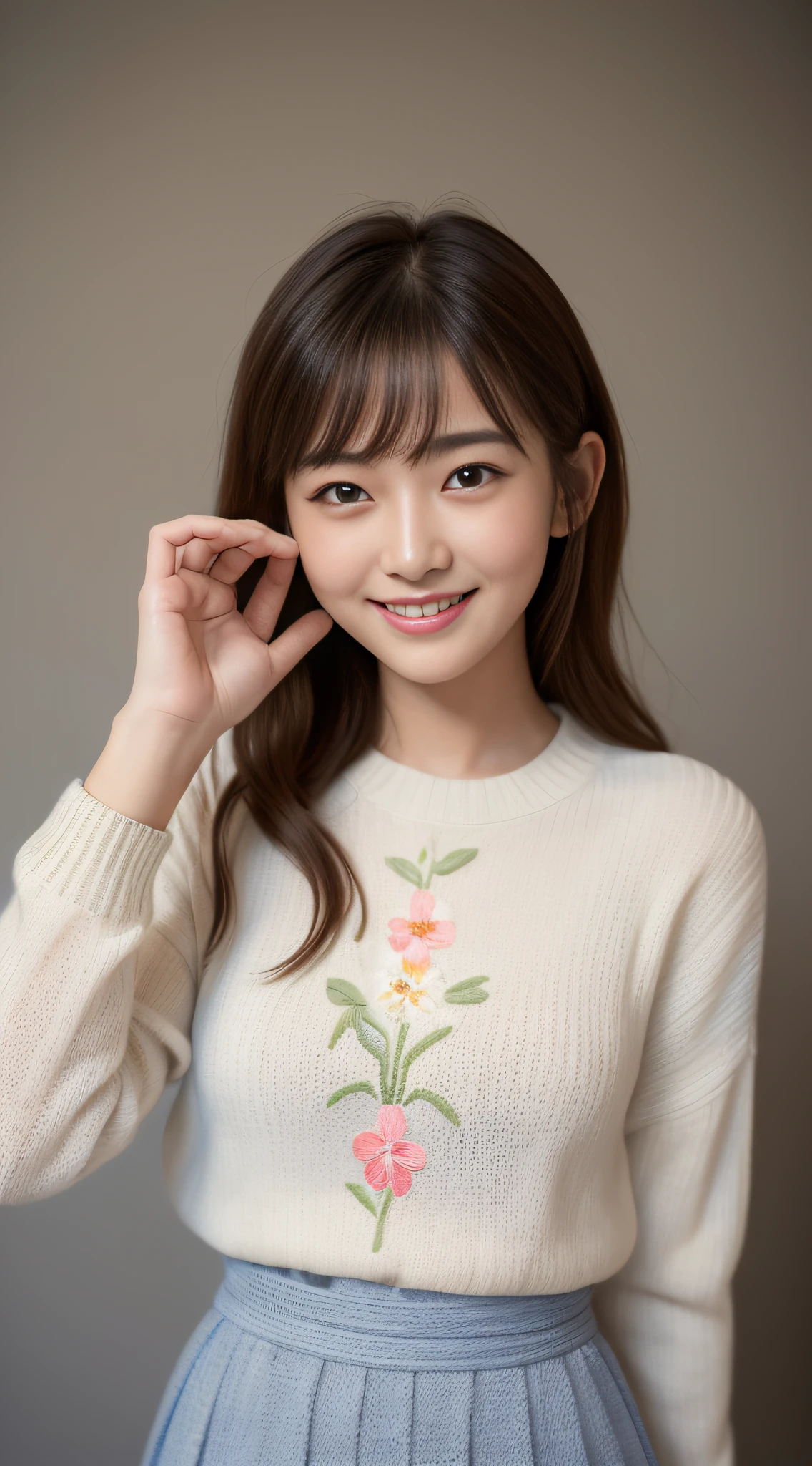 (masterpiece, top-quality:2.0), (超A high resolution), (Photorealsitic:1.4), foco nítido, (1girl in), (brown haired), Full body posture、(Smile at the person you like:1.5), finely eye, face perfect, Detailed skin, ((White knitwear、Maxi skirt with a floral pattern))、Blur the background、Cute Japan person、20yr old、extra detailed face、(Bite Pose:1.4)、