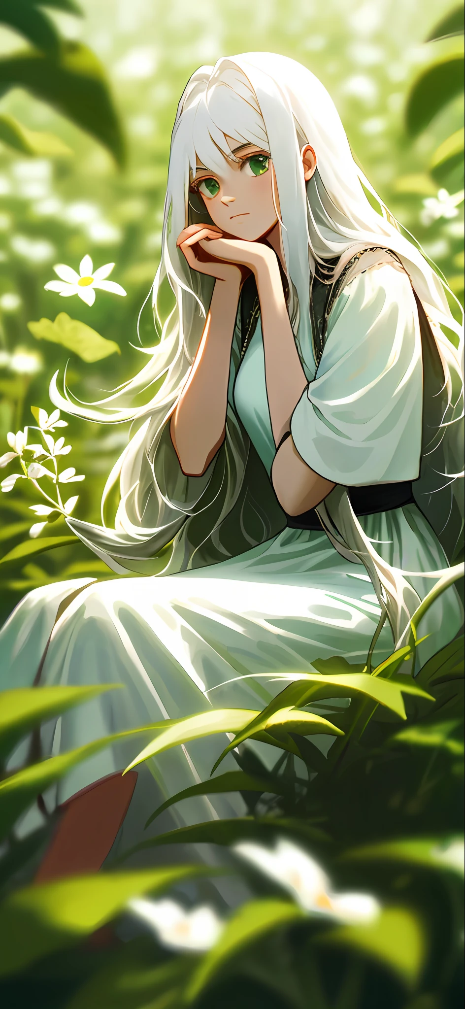 (masterpiece, best quality),1girl with long white hair sitting in a field of green plants and flowers, her hand under her chin, warm lighting, white dress, blurry foreground