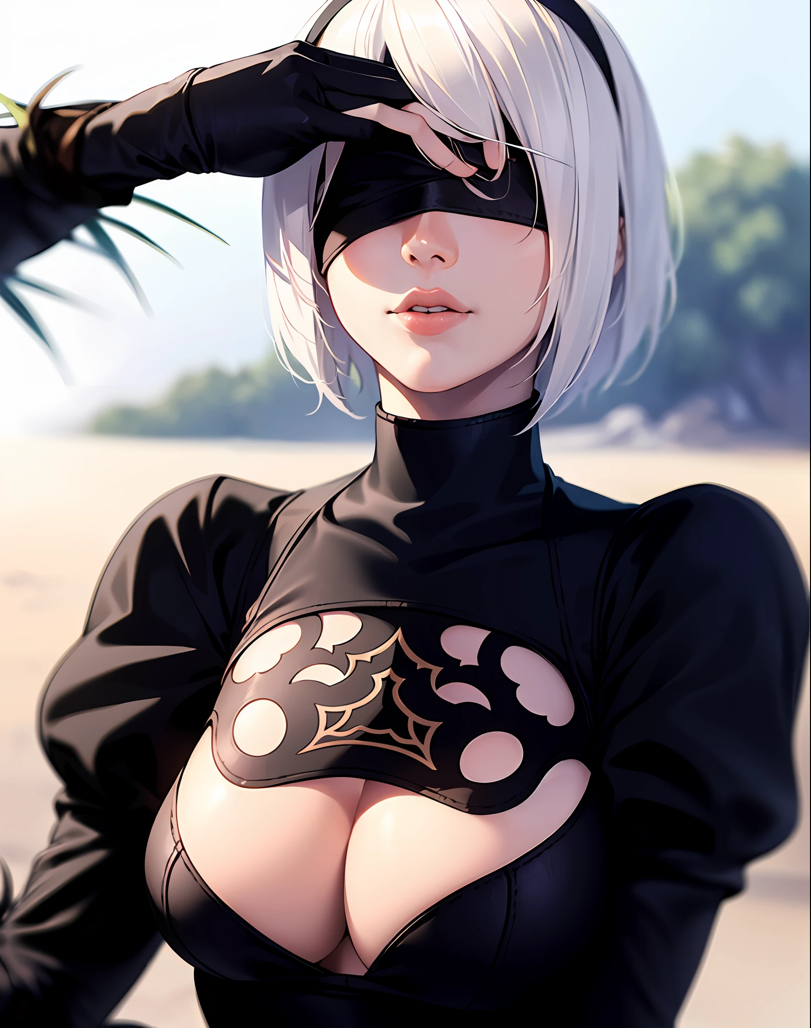 best quality, ultra high res, (photorealistic:1.4),realistic, 8k,  ((yorha no. 2 type b nier (series), nier automata)), 1girl, desert, cute, detailed face, detailed textures,((black blindfold, covered eyes, hide eyes)), ((detailed hair, white short hair)), (leather, black dress,dress, long sleeves, puffy juliet sleeves) , (see-through cleavage cutout, clothing cutout, patterned), black hairband, feather-trimmed sleeves, white gloves black pattern, hairband,  young, cleavage, fair skin