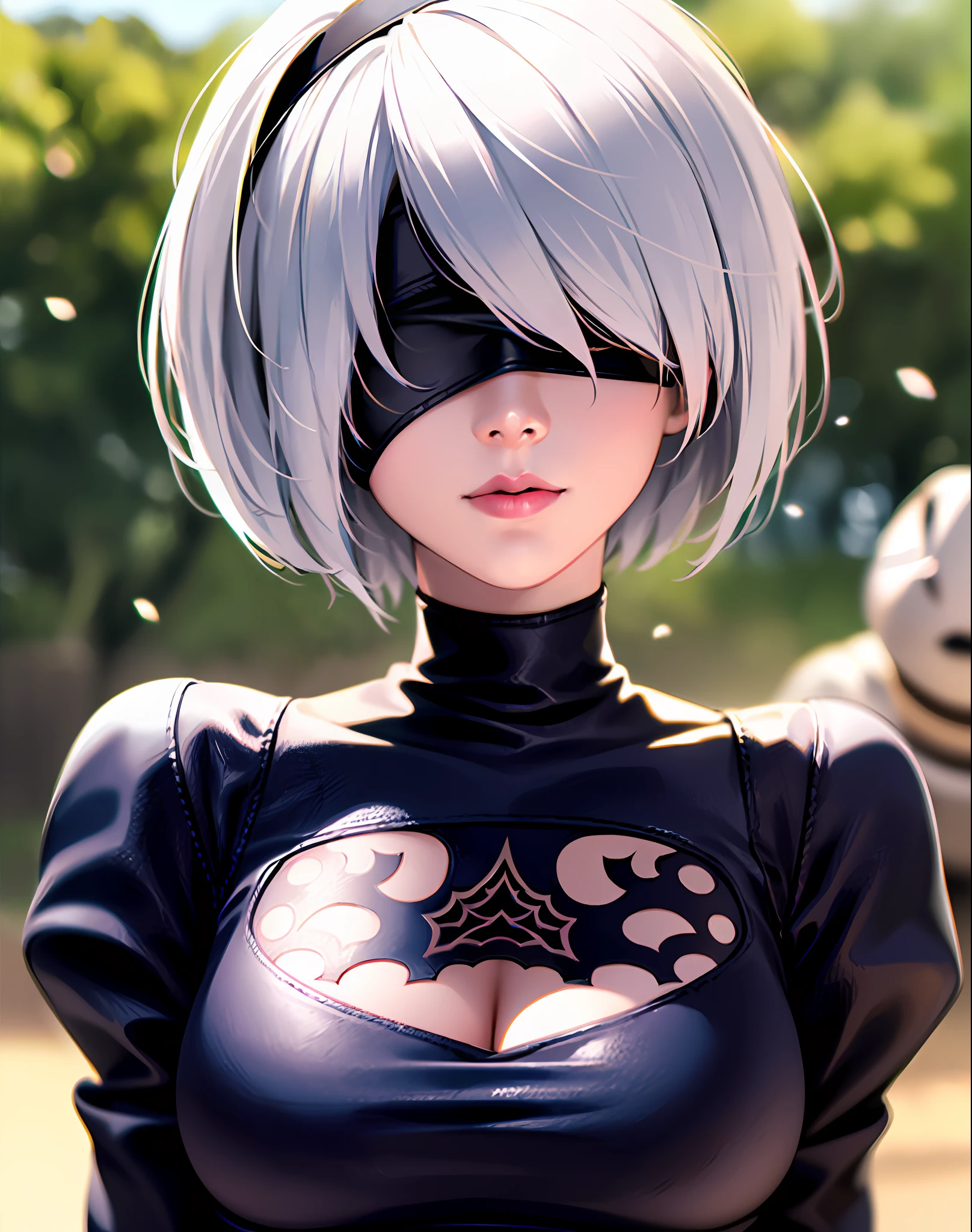 best quality, ultra high res, (photorealistic:1.4),realistic, 8k,  ((yorha no. 2 type b nier (series), nier automata)), 1girl, desert, cute, detailed face, detailed textures,((black blindfold, covered eyes, hide eyes)), ((detailed hair, white short hair)), (leather, black dress,dress, long sleeves, puffy juliet sleeves) , (see-through cleavage cutout, clothing cutout, patterned), black hairband, feather-trimmed sleeves, white gloves black pattern, hairband,  young, cleavage, fair skin