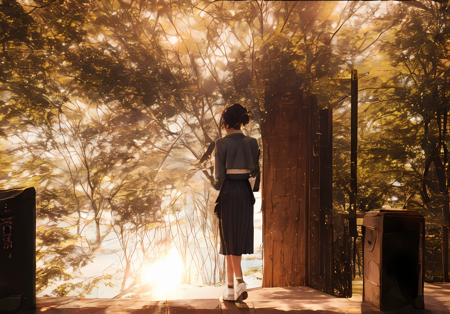 a picture、Summer park in the background、Stand in a small room that follows perspective、Beautiful and well-groomed young woman with dark hair、Young Japan、Check Long Skirt、White knit jacket to match the body line、I can't see my face behind me、There is sunlight to reflect、Flowers are blooming on the stairs、small tits、Beautiful skins、Best Rendering、short-cut、hali々And standing in posture、Sunlight is coming in from behind her、Shadows are formed、Summer Girl、Behind her is a reservoir、The reflected summer light beautifully illuminates the waves on the surface of the water