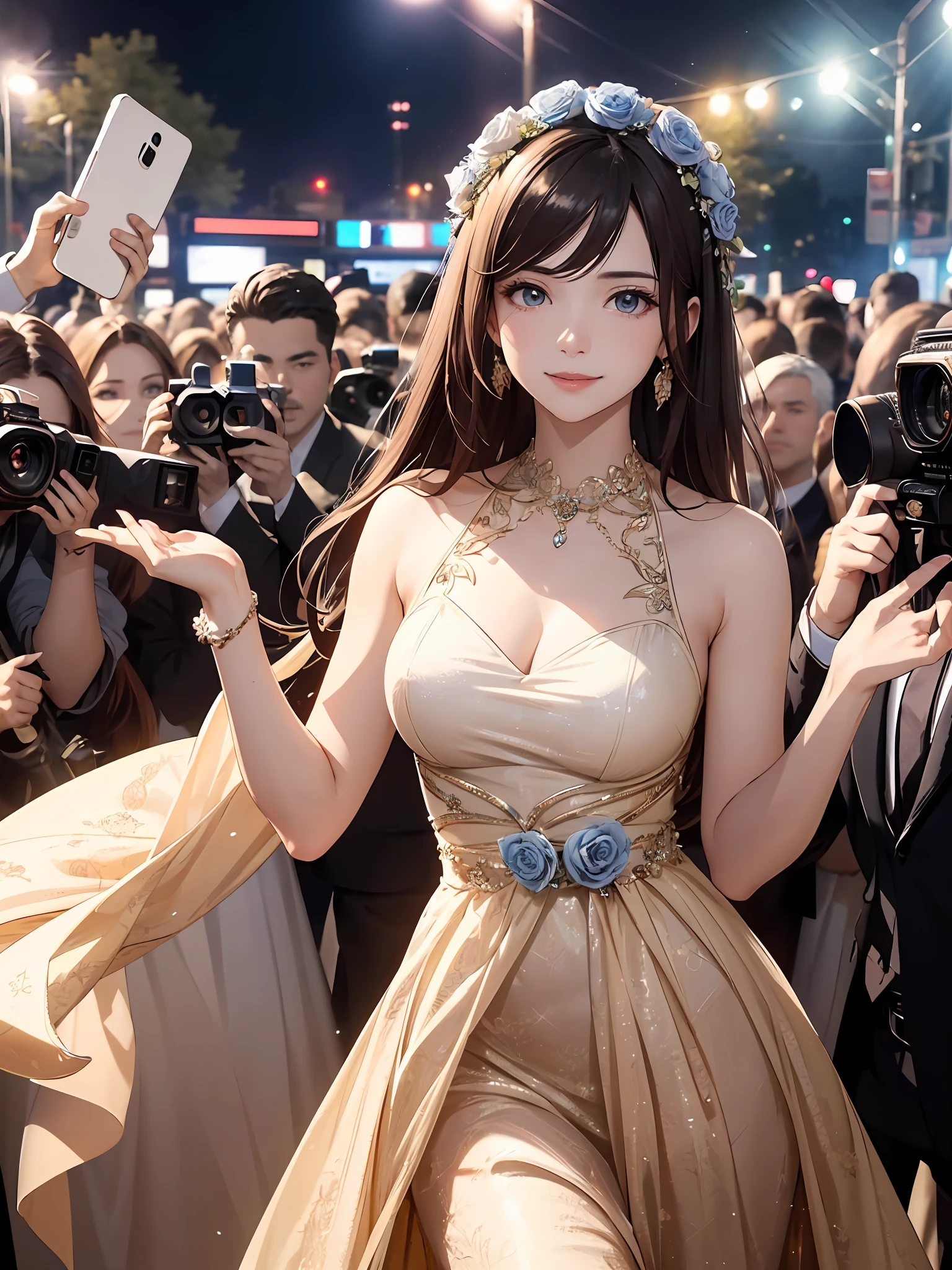 "(Highest image quality),(tmasterpiece),1qirl,Celebrity,Look at the screen,Hold a bouquet of blue roses in both hands,((ssmile)),Powerful aura,In the spotlight,Photo frame around journalist,Intense emotions,Gorgeous evening dress long dress,take up close,(Background with:Crowd with camera),Top-down view