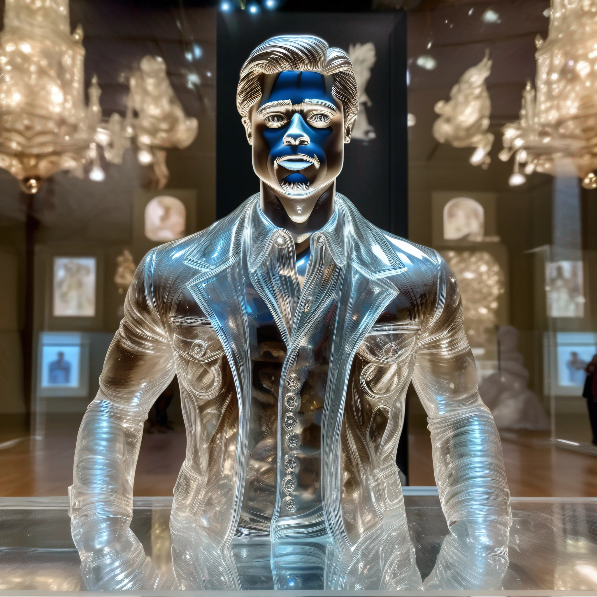 instagram photo, Brad Pitt statue in transparent crystal, wide angle, hyper detailed, crystal eyes, studio photo, made of ornate transparent crystal, on an exhibition altar, museum background