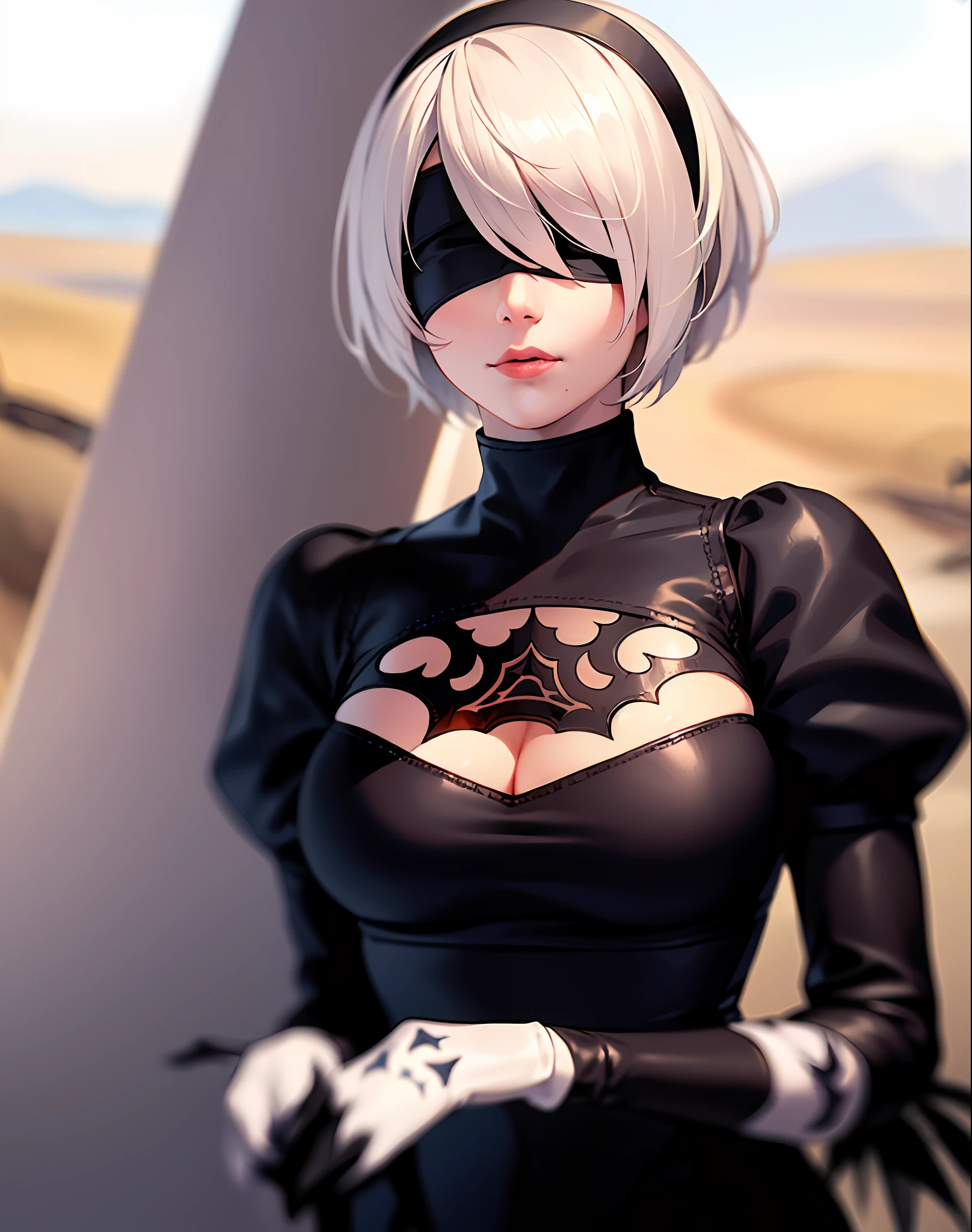 best quality, ultra high res, (photorealistic:1.4),realistic, 8k,  ((yorha no. 2 type b nier (series), nier automata)), 1girl, desert, cute, detailed face, detailed textures,((black blindfold, covered eyes, hide eyes)), ((detailed hair, white short hair)), (leather, black dress,dress, long sleeves, puffy juliet sleeves) , (see-through cleavage cutout, clothing cutout, patterned), black hairband, feather-trimmed sleeves, white gloves black pattern, hairband,  young, cleavage, fair skin