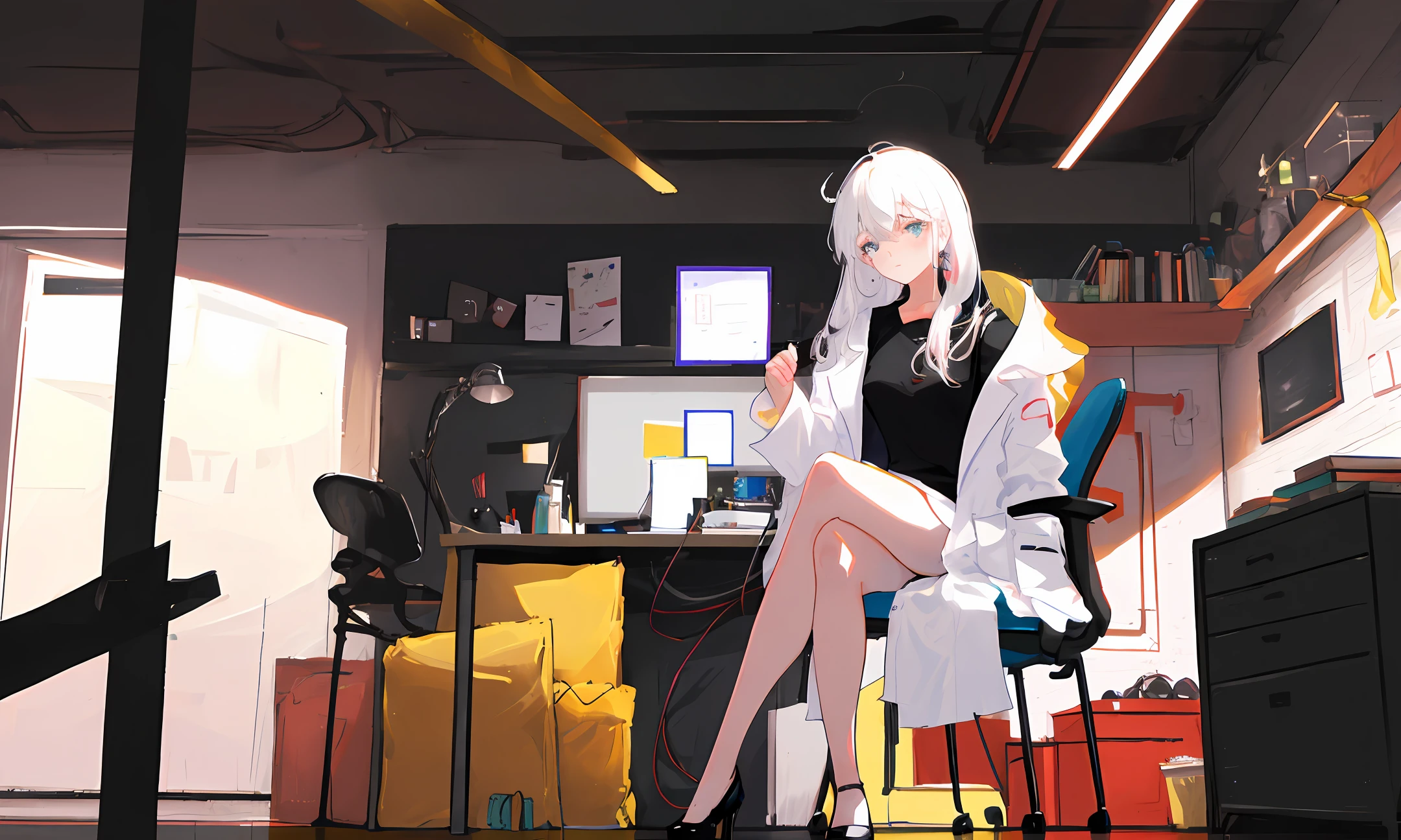 White hair,Long hair, Draped hair, No ponytailed , White lab coat, Coat, A cup, head-up to the camera, Facing the camera, In a dark room,Lori sat in a black office chair, with her hands folded on her chest, revealing her legs in black silk, She wears black high heels on her feet,A shy expression His face flushed slightly,Warm red, and her left foot on her right foot,There is a bunch of shiny monitors behind the loli display is on a black desk,