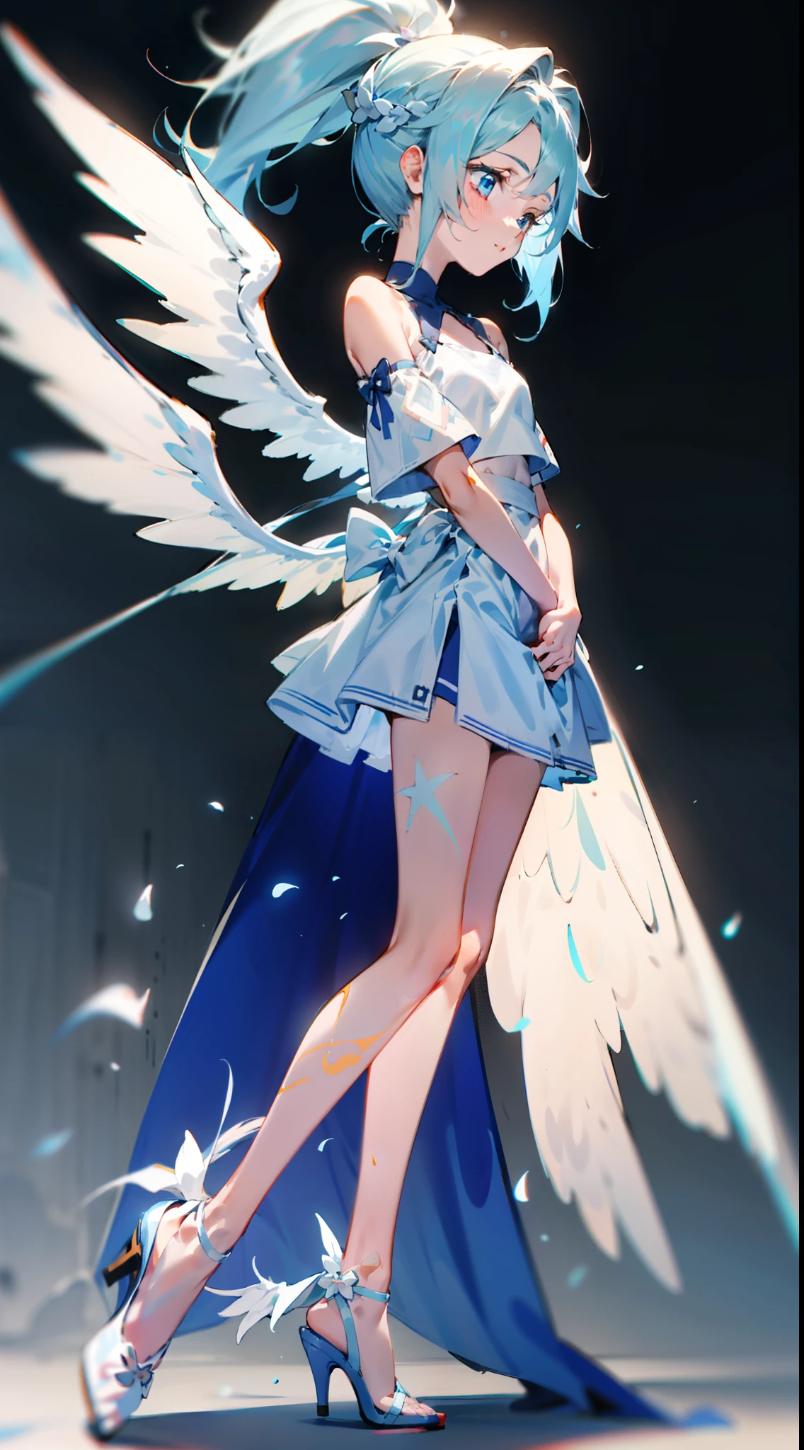 Campus background,13-year-old girl,She wears a long ponytail,an orchid flower,Light blue 10cm heels,Light blue bow,White top,cropped shoulders,Short light blue skirt,light blue hair,Light eyes,white clothes,thin very long legs,Angel white wings,Cute and sweet,Full body painting。