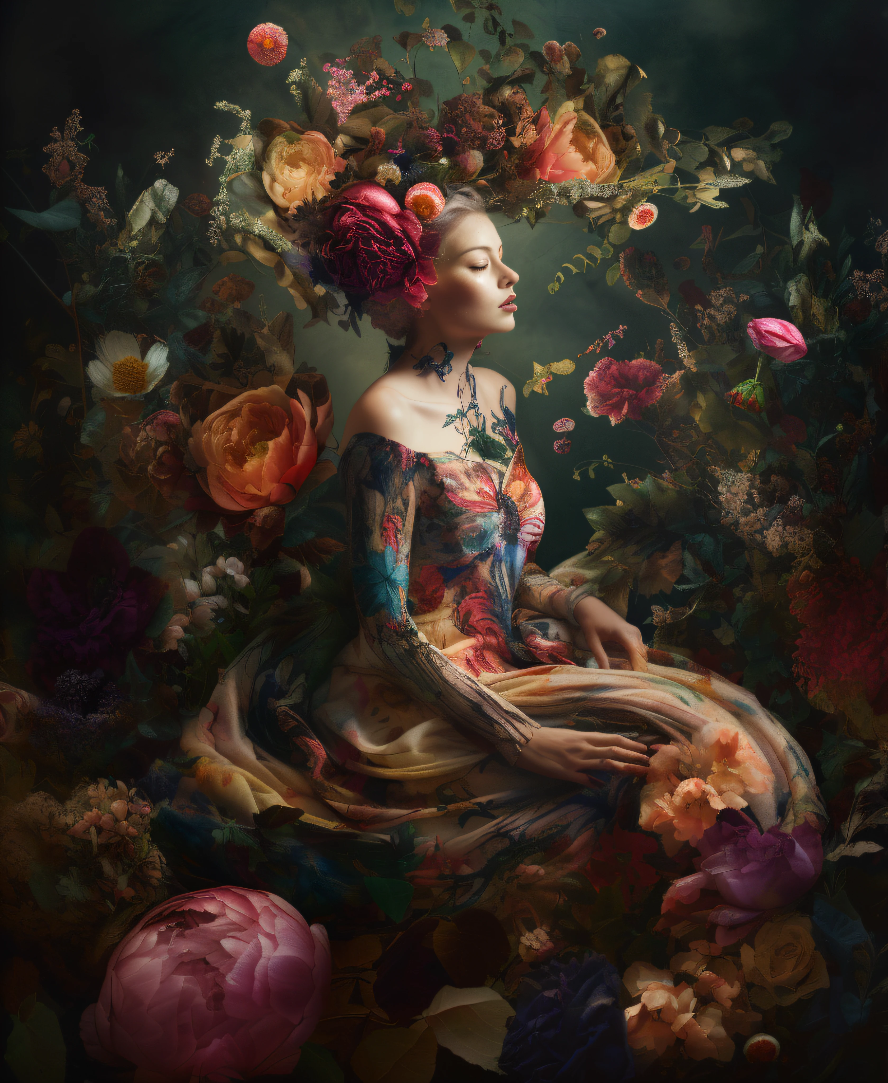 Arafed Woman with a floral headdress sitting in a garden, Mujer en flores, Retrato de tormenta de flores, fine art fashion photography, Diosa de las flores, Natalie Shau Tom Bagshaw, Hermoso retrato surrealista, fine art portrait photography, Retrato femenino con flores, Jingna Zhang, Reina de las flores, Toma de retrato, envuelto en flores, 8k artistic portrait photography
