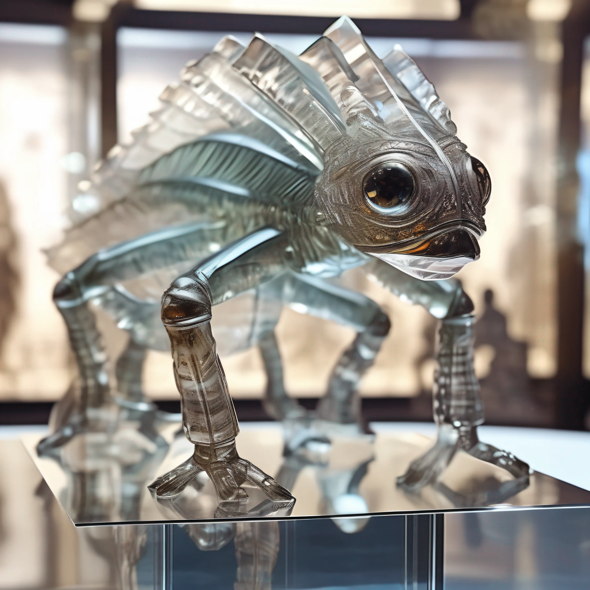 instagram photo, statue of a Scolopendridae in transparent crystal, wide angle, hyper detailed, crystal eyes, studio photo, made of ornate transparent crystal, on an exhibition altar, museum background