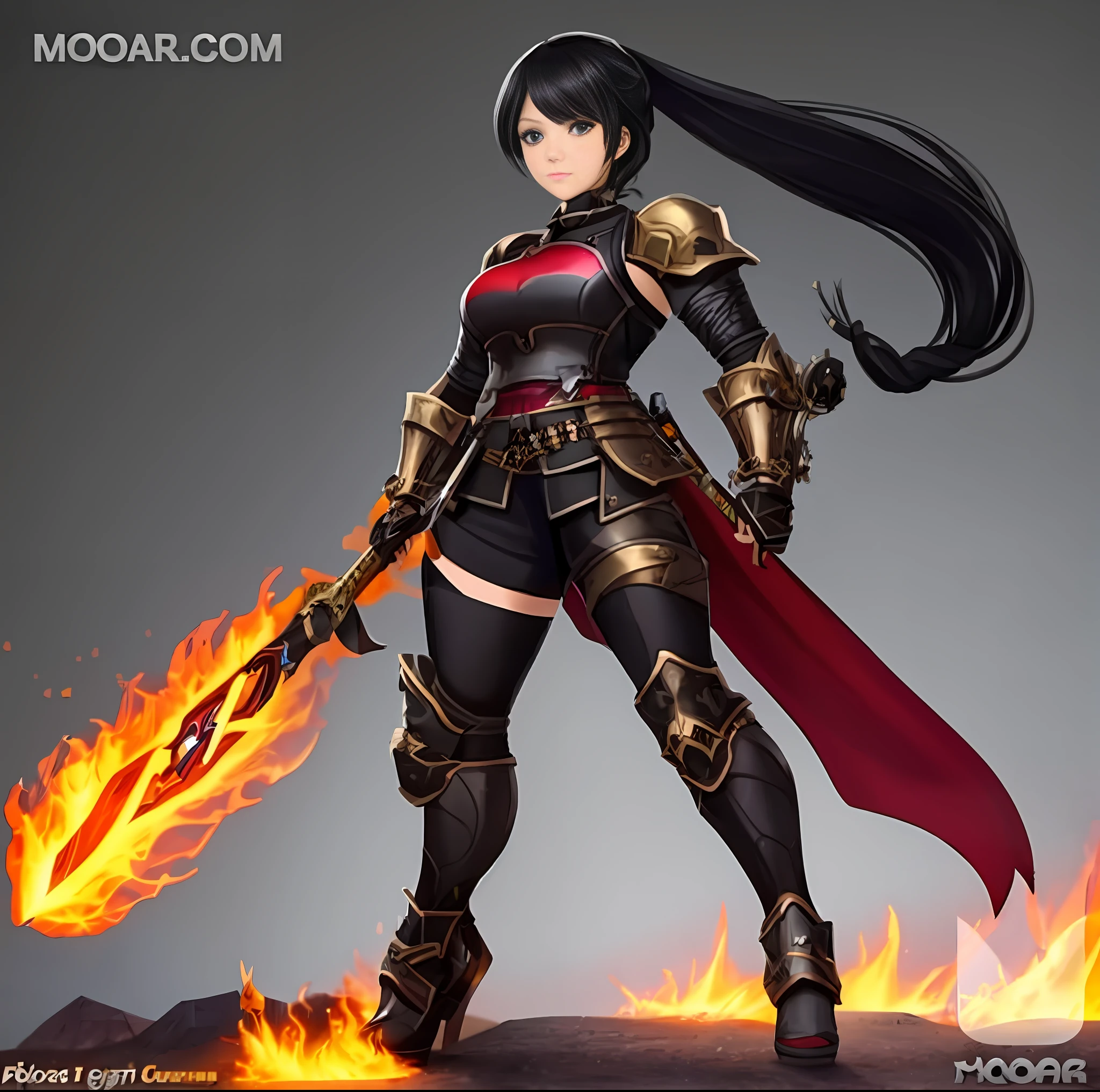 Woman in armor with sword and fire, flame conjuring armored, appears as the fire goddess, black fire color reflected armor, picture of female paladin, Fiora in League of Legends, 2. 5 d cgi anime fantasy artwork, Stunning character art, epic exquisite character art, katana zero video game character, video game characters designs, epic mage girl character