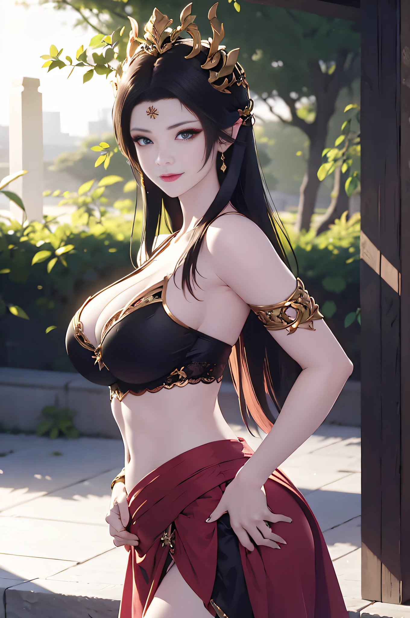 1girl, outdoors, black hair, blue eyes, breasts, eyewear on head, from side, hair slicked back, hands on own hips, large breasts, long hair, long skirt, looking back, narrow waist, sarong, smile, solo, standing, sunglasses, floral pattern on sarong, ((masterpiece)), detailed faces and eyes, daylight, shiny skin,