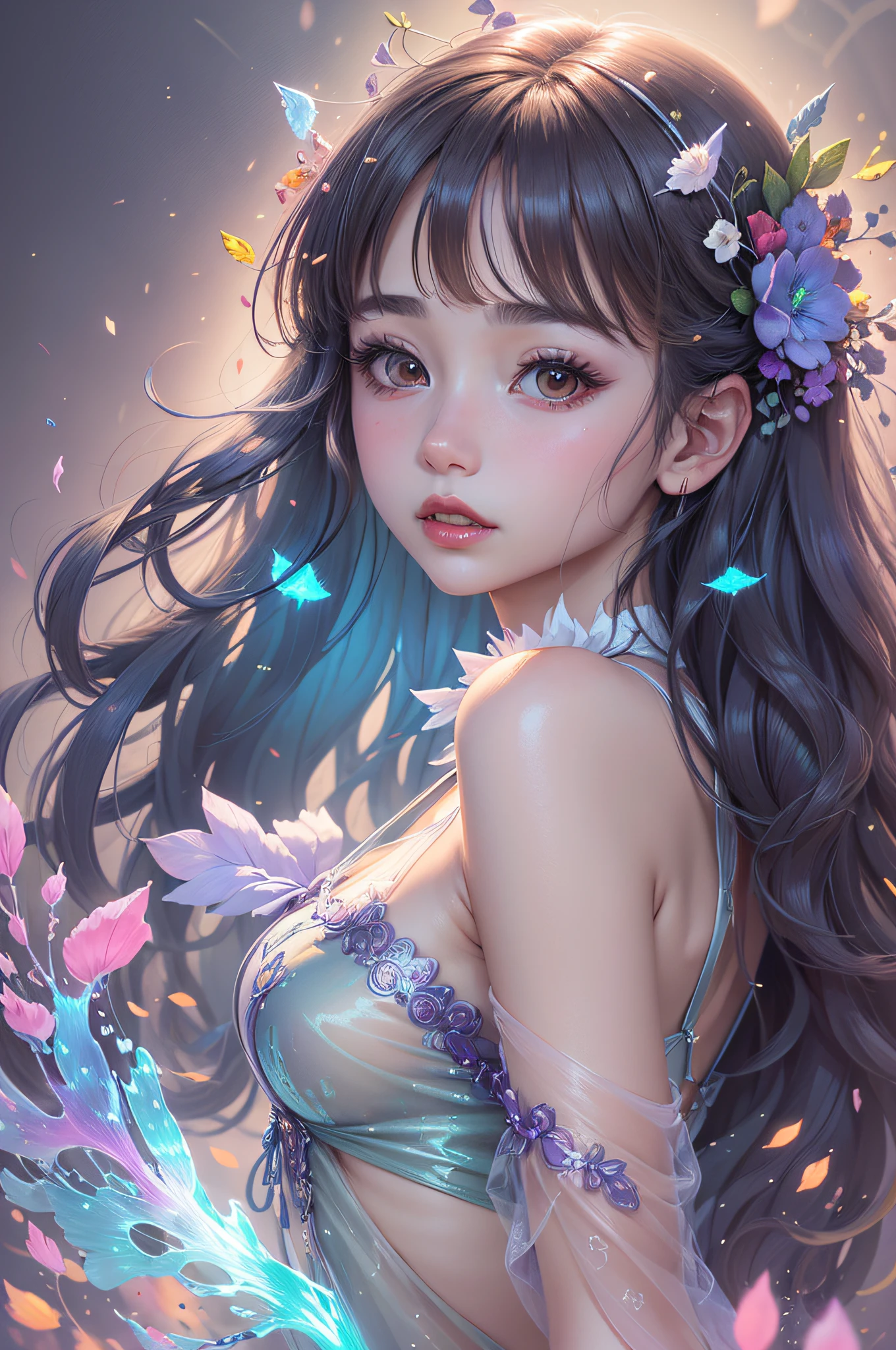 Beautiful girl story wrapped in love, Beautiful eye details, A captivating anime girl gracefully emerges from the pages of a watercolor painting, Her vivid and complex colors are, Bring your artwork to life, (see-through transparent clothes, transparent costume:1.5), She dons an extraordinary fantasy costume adorned with delicate details, reflecting the enchanting world she inhabits, Luminescent elements, like glowing crystals and ethereal wisps, surround her, casting a soft, otherworldly glow, The style of watercolor painting is、Imbues the image with a sense of fluidity and delicacy, as if the colors are effortlessly blending and bleeding into one another, Camera shot: medium shot, Soft Focus, luminescent glow Lighting, watercolor brushstrokes, Sophisticated and very delicate anime illustration, unique colors, Portrait of an anime girl, infinite love, rainbow-colored, beautiful girl illuminated by seven colors of light,