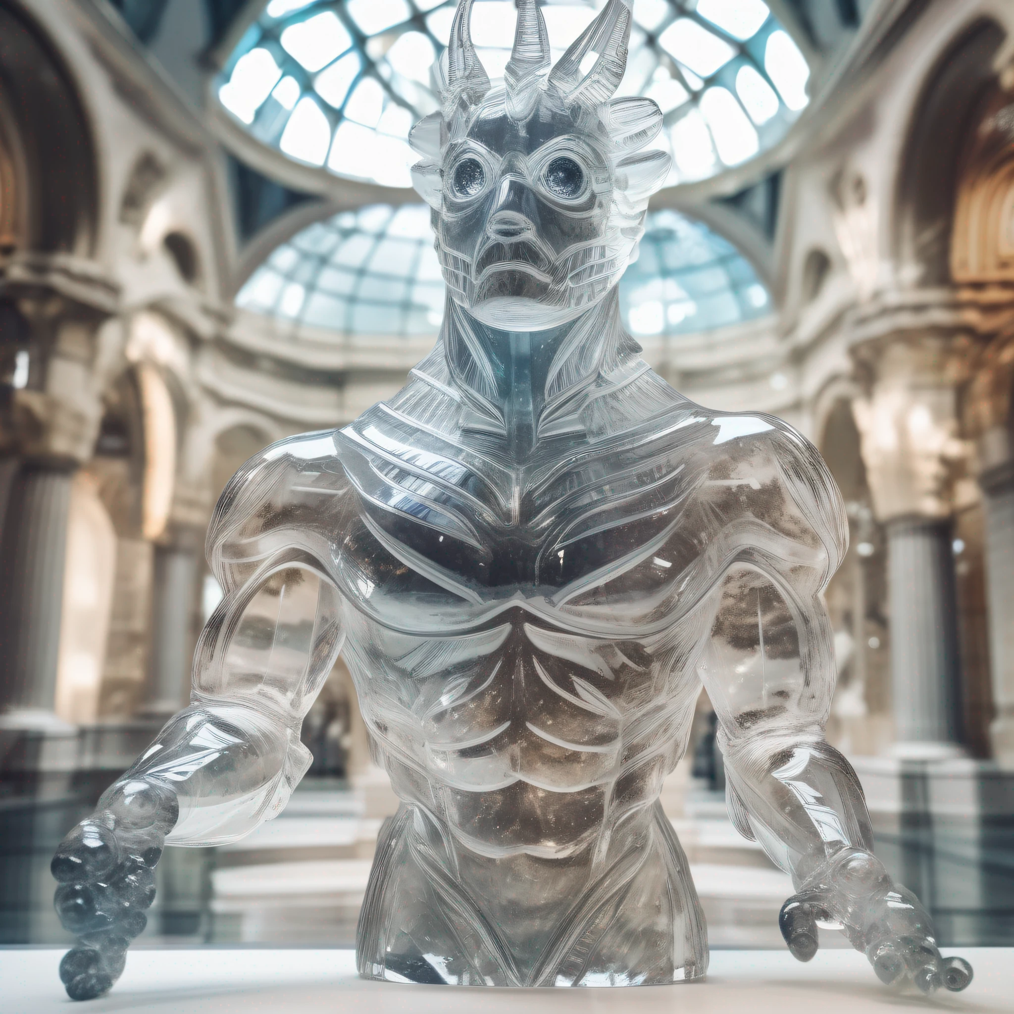 instagram photo, statue of a Scolopendridae in transparent crystal, wide angle, hyper detailed, crystal eyes, studio photo, made of ornate transparent crystal, on an exhibition altar, museum background