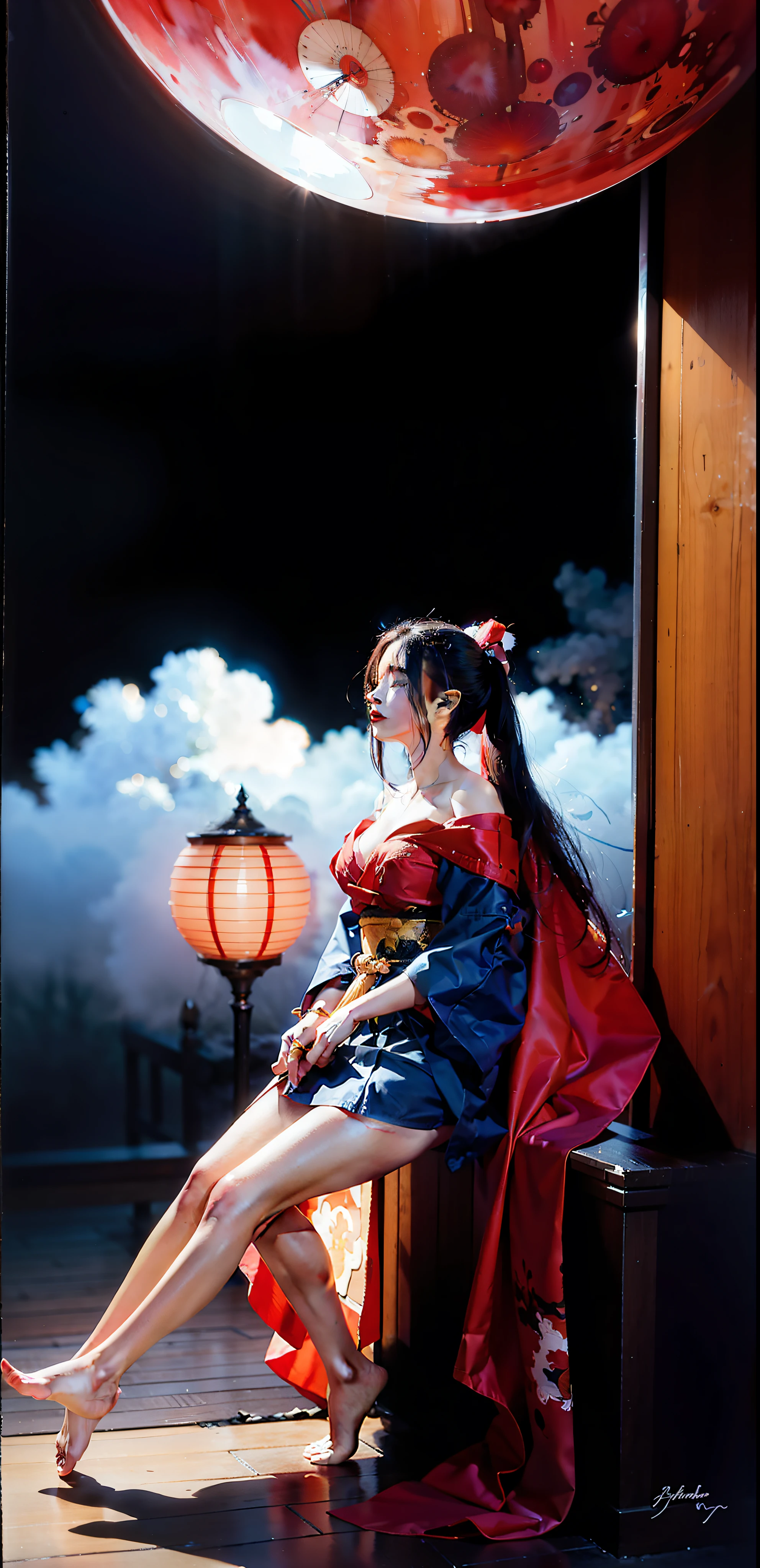 absurdres, (best quality), (masterpiece),(ultra-detailed:1.2),(photorealistic:1.4),(highres),reflection,low angle, sword reflection,samurai, long hair,glowing eyes,red eyes,(half closed eyes:1.4), kimono,strapless, traditional architecture,night,(red moon:1.1),(fog:1.4),(silhouette:0.8) , (expressionless:1.3),(ghost:1.1),red fire,,fantasy, high contrast, ink strokes, explosions, over exposure, purple and red tone impression , abstract, ((watercolor painting by John Berkey and Jeremy Mann )) brush strokes, negative space,