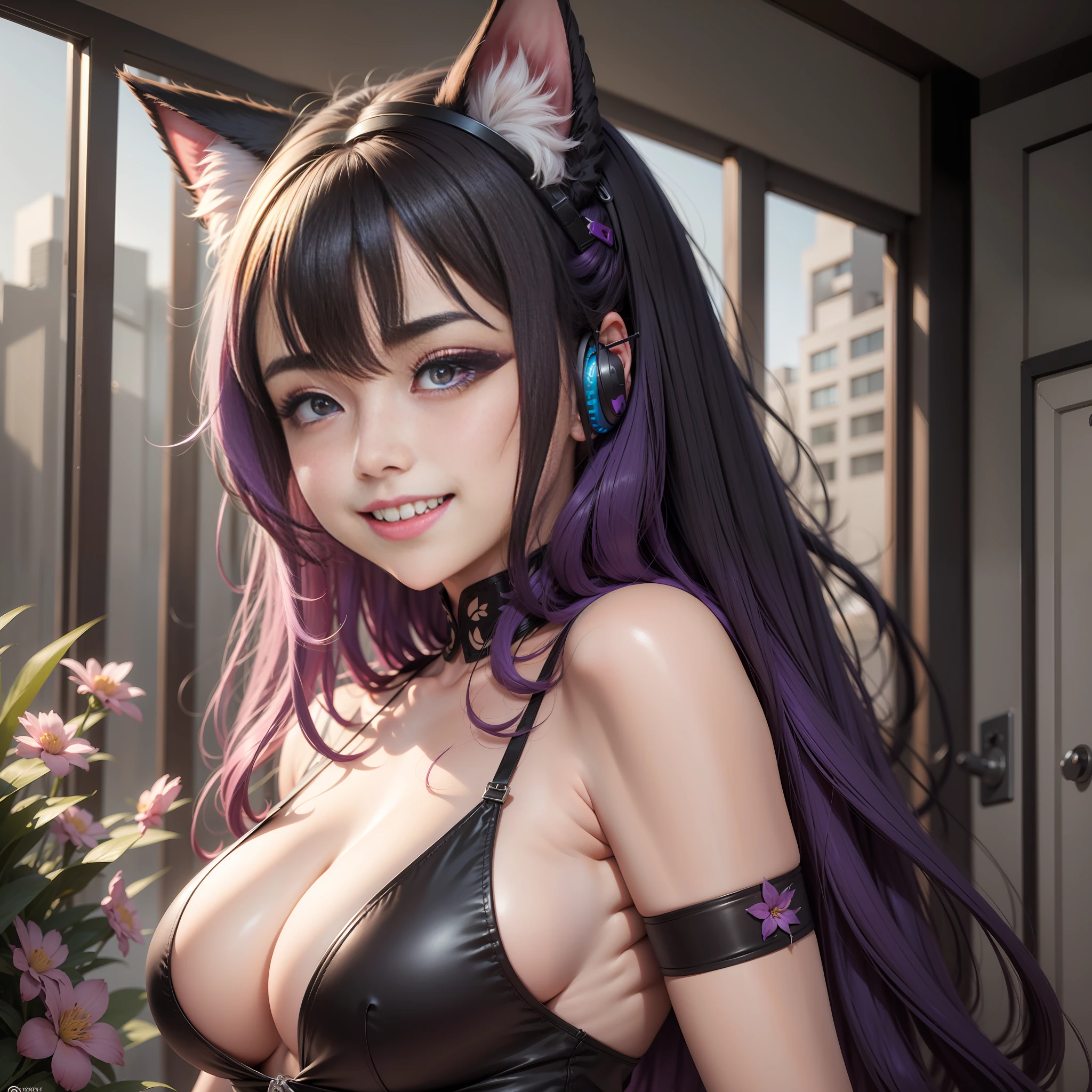 Black hair, long eyelasher, Fake animal ears, Light smile, Fang, Purple hair, Black hair, pony tails, double tails, Very long hair, widow peak, Hair ribbon, maid headdress, mouth veil, Earphone, flowers in head, Heart-shaped pupils, aqua eyes, Purple eyes, Pink eyes, Fox ears, Cat ears, grin, Naughty face, Light blush, chin grab, shadowing, stereograms, tachi-e, Atmospheric perspective, hyper photorealism, 8K, Super detail, ccurate, Best quality, A high resolution, High quality, Anatomically correct, 巨作， A beautyful girl，crisp breasts