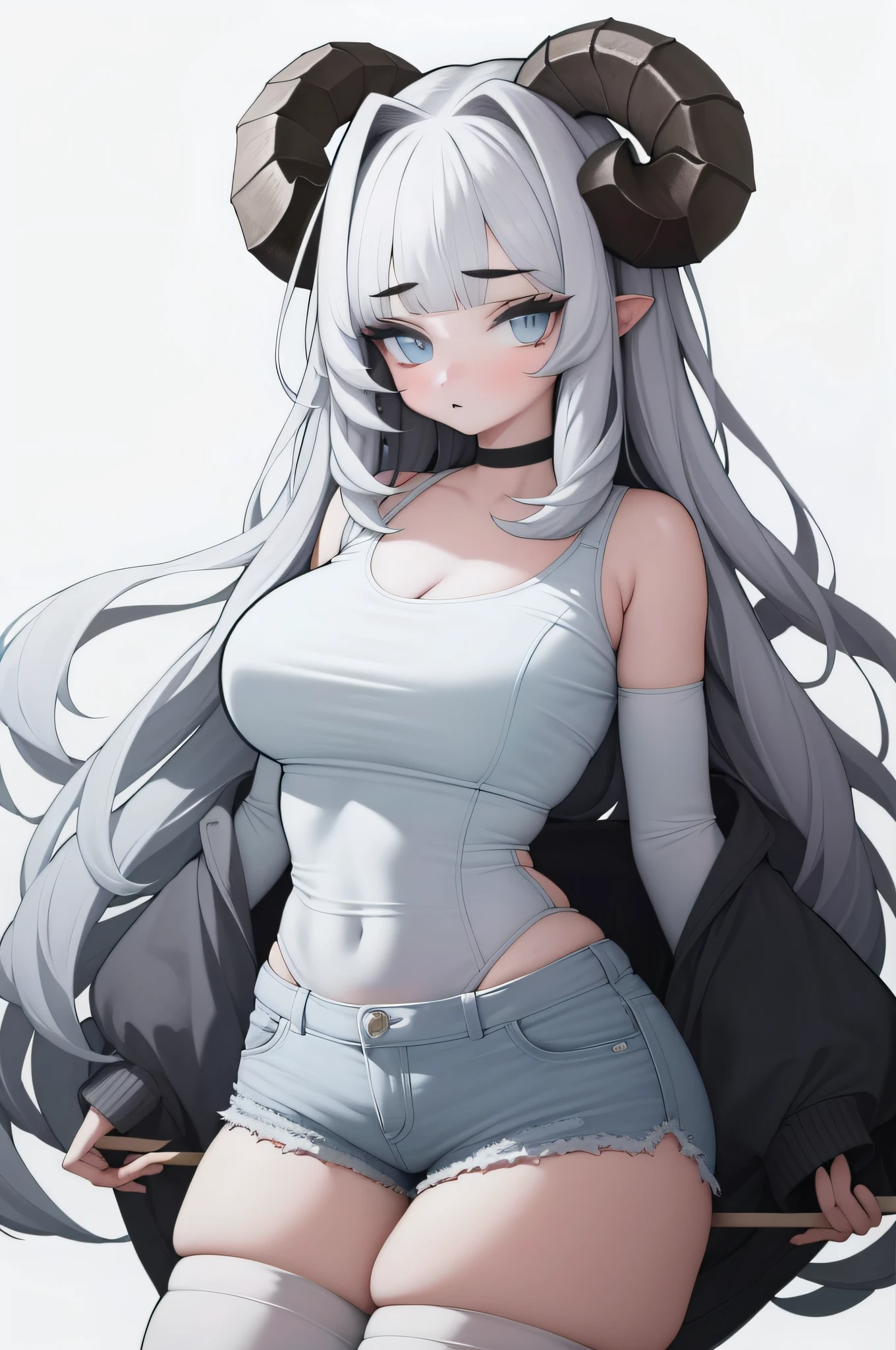 1girl, solo, standing, upper body,
white hair, long hair, curly hair, messy hair, (blunt bangs:1.2), horns, sheep horns, white horns,
blue eyes, looking at viewer,
choker, white shirt, white shorts, short shorts, white thighhighs, (skindentation:1.2),
curvy, large breasts, covered,
(white background, simple background:1.4), wlsdnjs950, (thick lines:1.2),