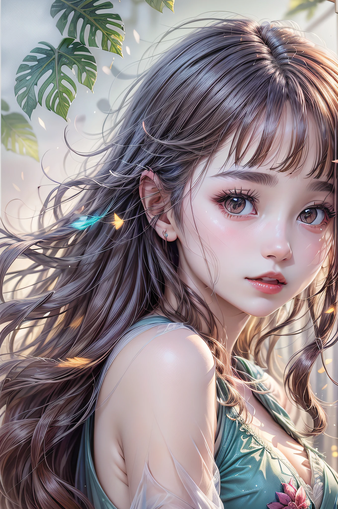 Beautiful girl story wrapped in love, Beautiful eye details, A captivating anime girl gracefully emerges from the pages of a watercolor painting, Her vivid and complex colors are, Bring your artwork to life, (see-through transparent clothes, transparent costume:1.5), She dons an extraordinary fantasy costume adorned with delicate details, reflecting the enchanting world she inhabits, Luminescent elements, like glowing crystals and ethereal wisps, surround her, casting a soft, otherworldly glow,  The style of watercolor painting is、Imbues the image with a sense of fluidity and delicacy, as if the colors are effortlessly blending and bleeding into one another, Camera shot: medium shot, Soft Focus, luminescent glow　Lighting, watercolor brushstrokes, Sophisticated and very delicate anime illustration, unique colors, Portrait of an anime girl, infinite love, rainbow-colored,  beautiful girl illuminated by seven colors of light,