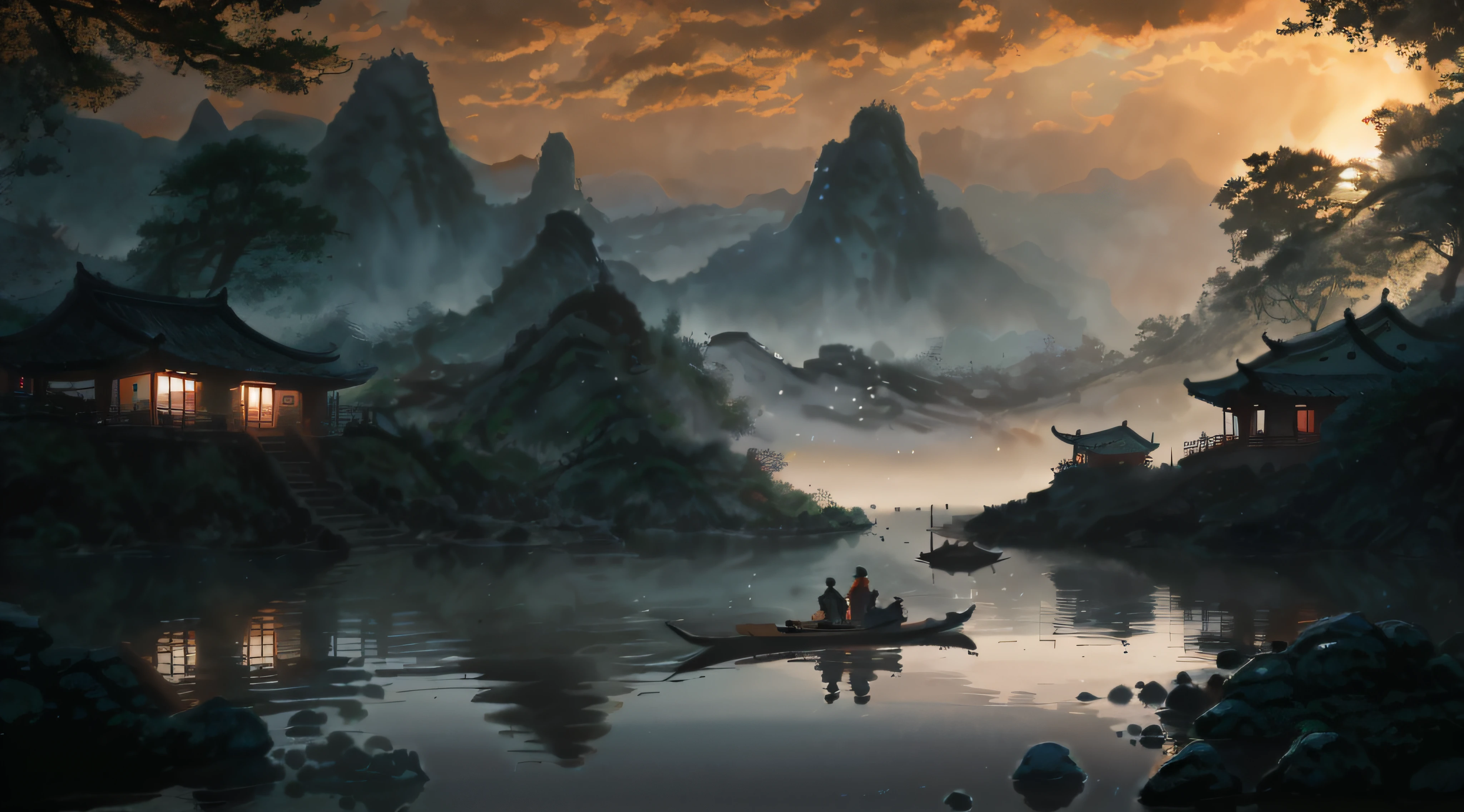 painting of a man and woman in a boat on a river, by Yang J, 4k highly detailed digital art, Detailed painting 4 K, inspired by Raphael Lacoste, 4k hd matte digital painting, Chinese landscape, Inspired by Fenghua Zhong, Detailed scenery —width 672, author：Qu Leilei, inspired by Andreas Rocha, author：Song Xu