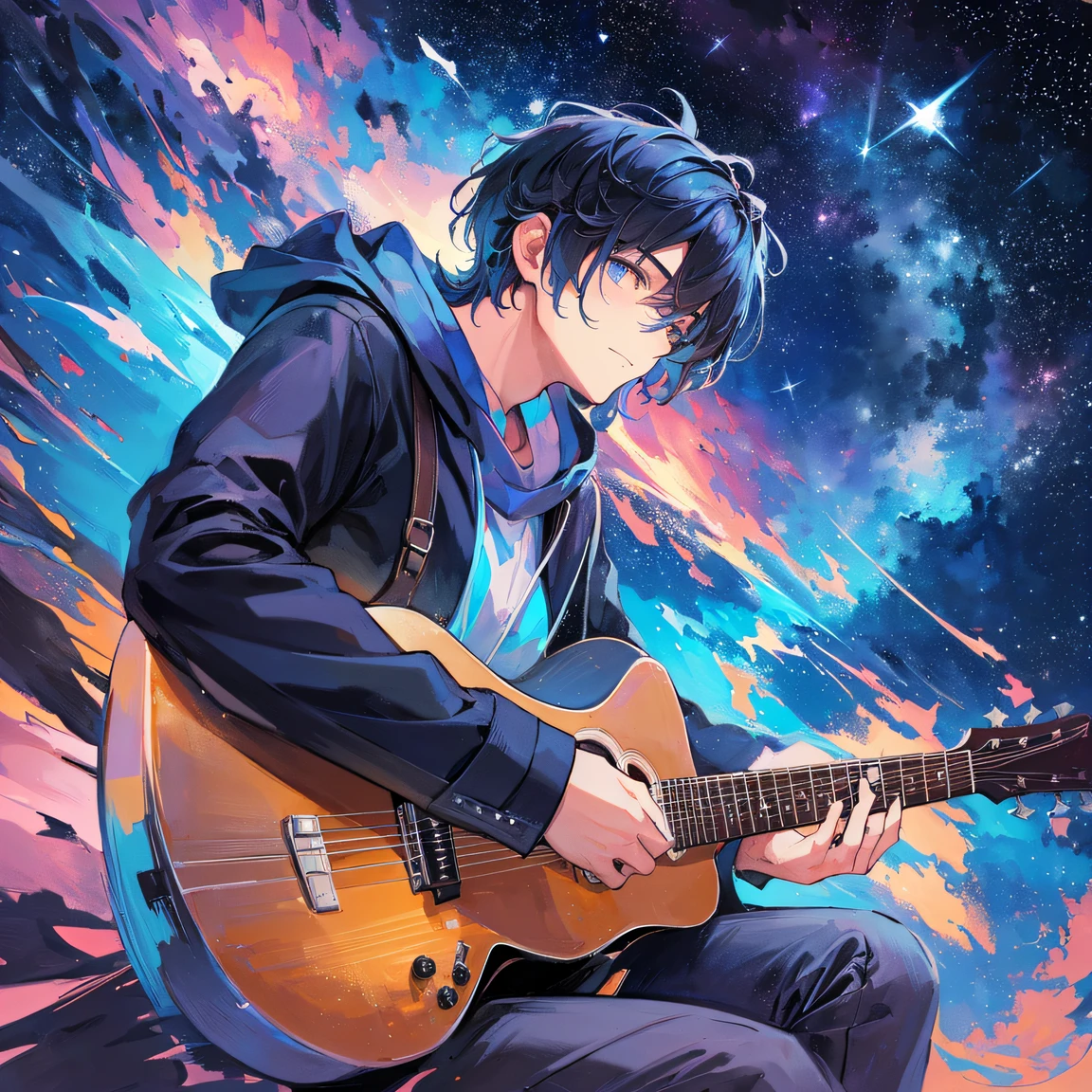 Ridiculous resolution, A high resolution, starry sky bright，There are shooting stars crossing by，A boy plays guitar under the stars --auto
