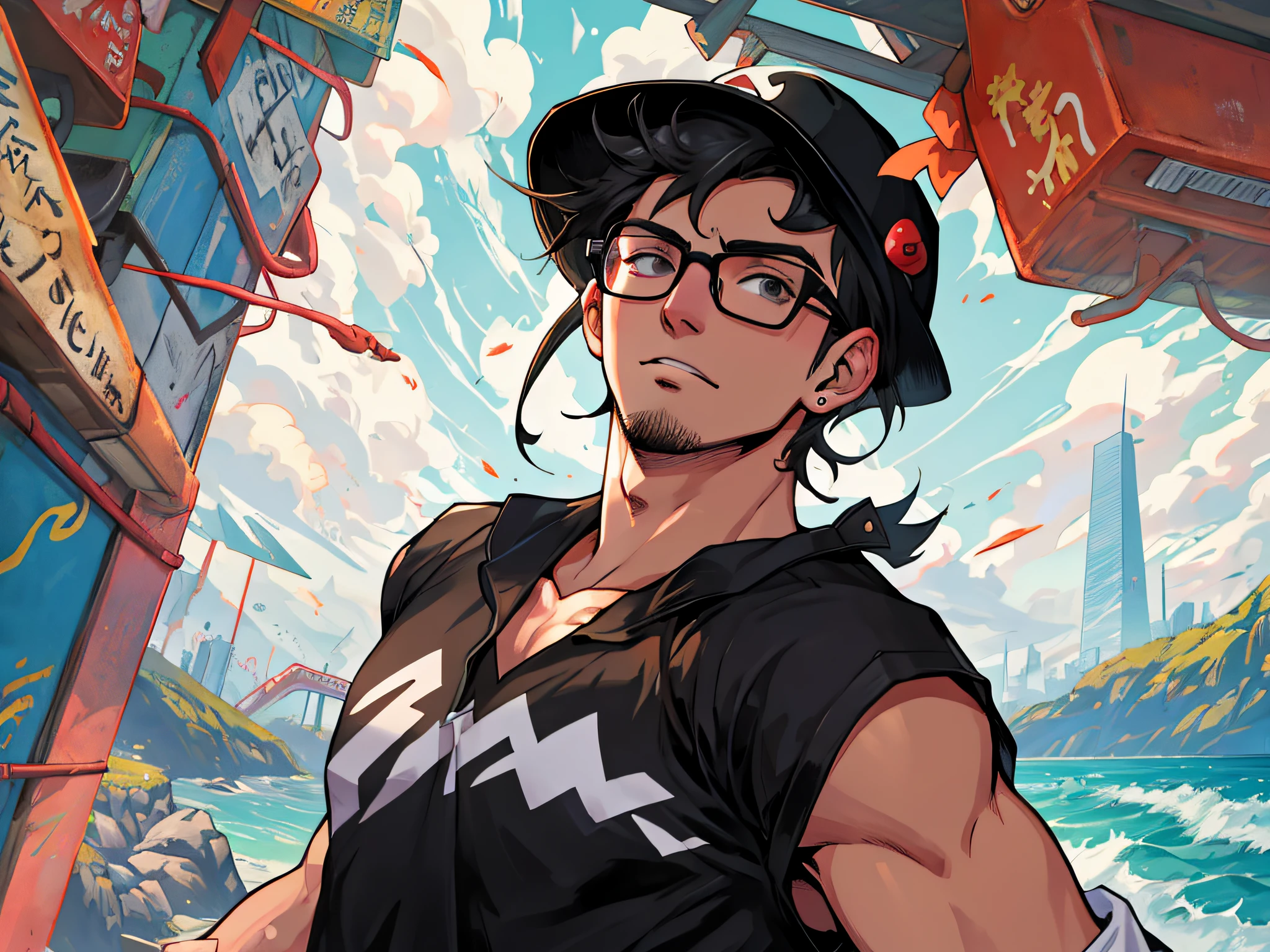character from pokemon, Man in fisherman's hat, black tanktop, eye glass, best qualtiy, 16k, Vivid colors, Detailed, In an expressive manga style, Jagged edges, outrun, Best quality