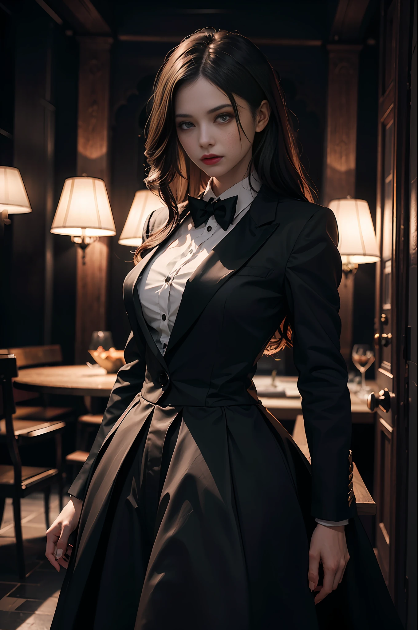 "(exquisitely detailed CG unity 8k wallpaper, masterpiece-quality with stunning realism), (best illumination, best shadow), (best quality), ((1girl)), mature vampire woman, (elegant and demonic style:1.2), vampire lord, wearing a (sleek white tuxedo:1.2), (piercing black eyes+short black hair:0.8), surrounded by an ominous and dark atmosphere, accentuated by dramatic and striking lighting, imbued with a sense of surreal fantasy".