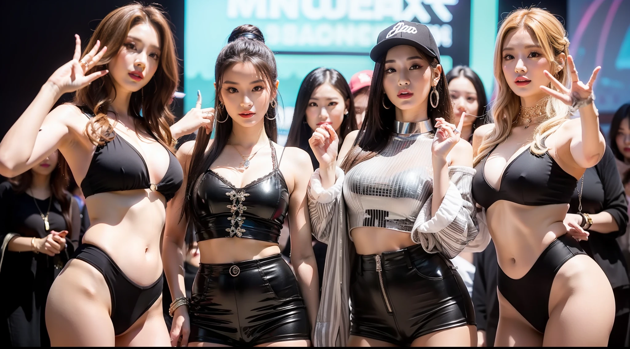 5 girls, a group of idols, look at the viewer, photorealistic, shot by Fujifilm XT3, dynamic pose, hyper realistic, show off her wealth, Instagram selfie, branded bags, luxurious jewellery, fashionable idol clothes, ray tracing, 8k, UHD, ultra wide shot, extreme beautiful, styled hair, ultra detailed, best quality, masterpiece, lively, sharp focus, beautiful face