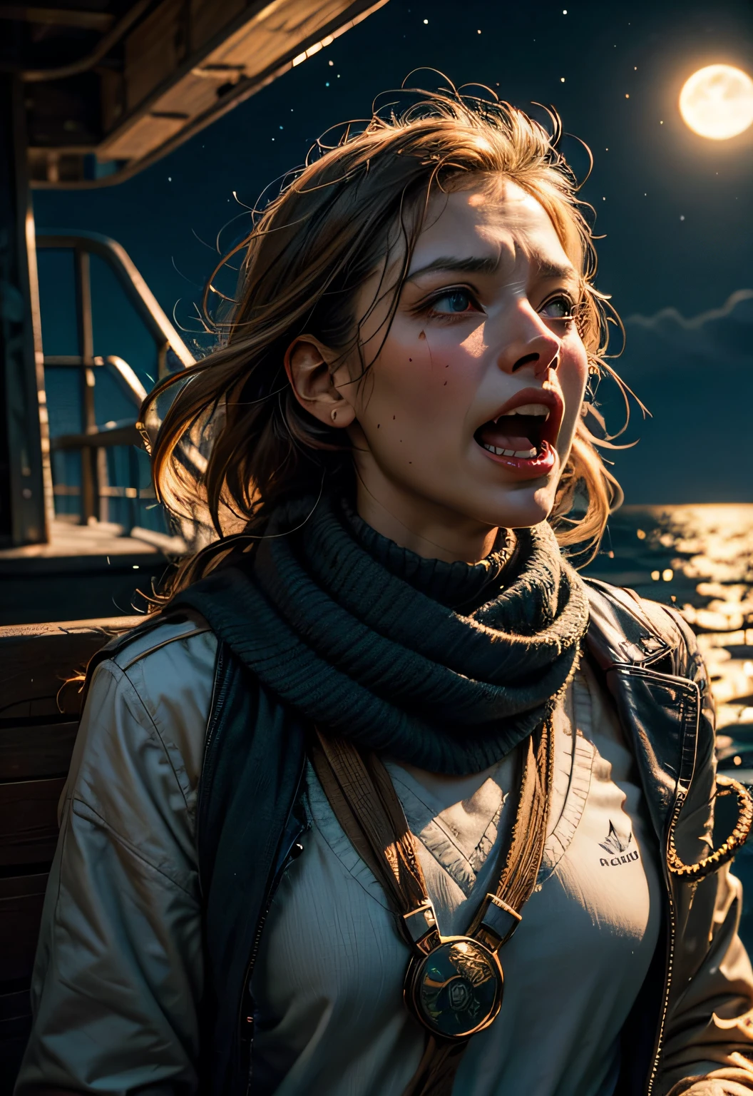 award winning upper body portrait photo of an old screaming sailor, wearing scarf, eyes looking upwards, (bokeh:0.7), sidelit, (clean wrinkled face in detail:0.7), telephoto, moonlit, torchlit, atmosphere, oceanic night exterior, realistic, intricate details, true aged skin texture