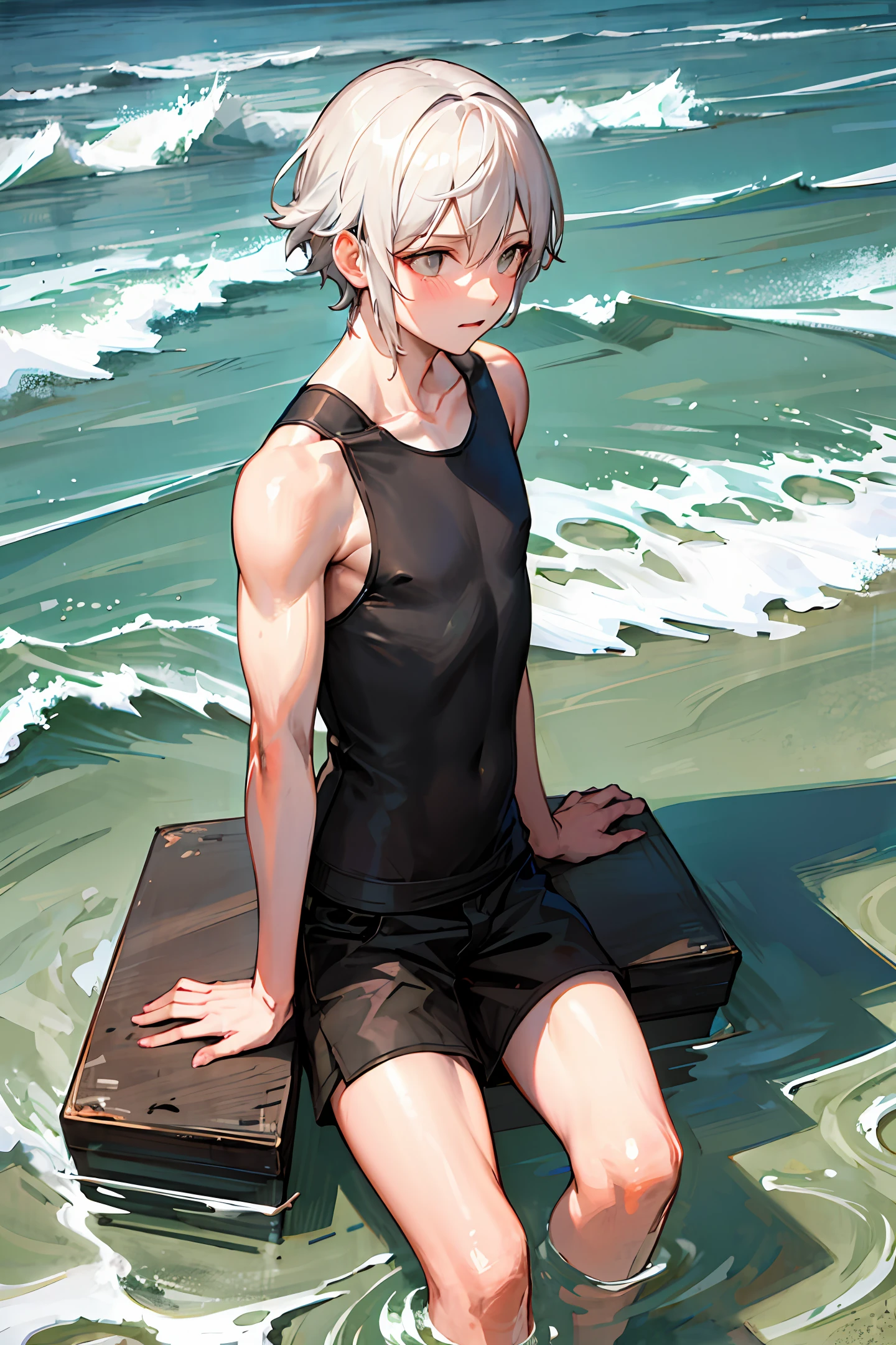 White hair,Shota,beachside,full bodyesbian,nakeness,is shy,The action of taking off his pants