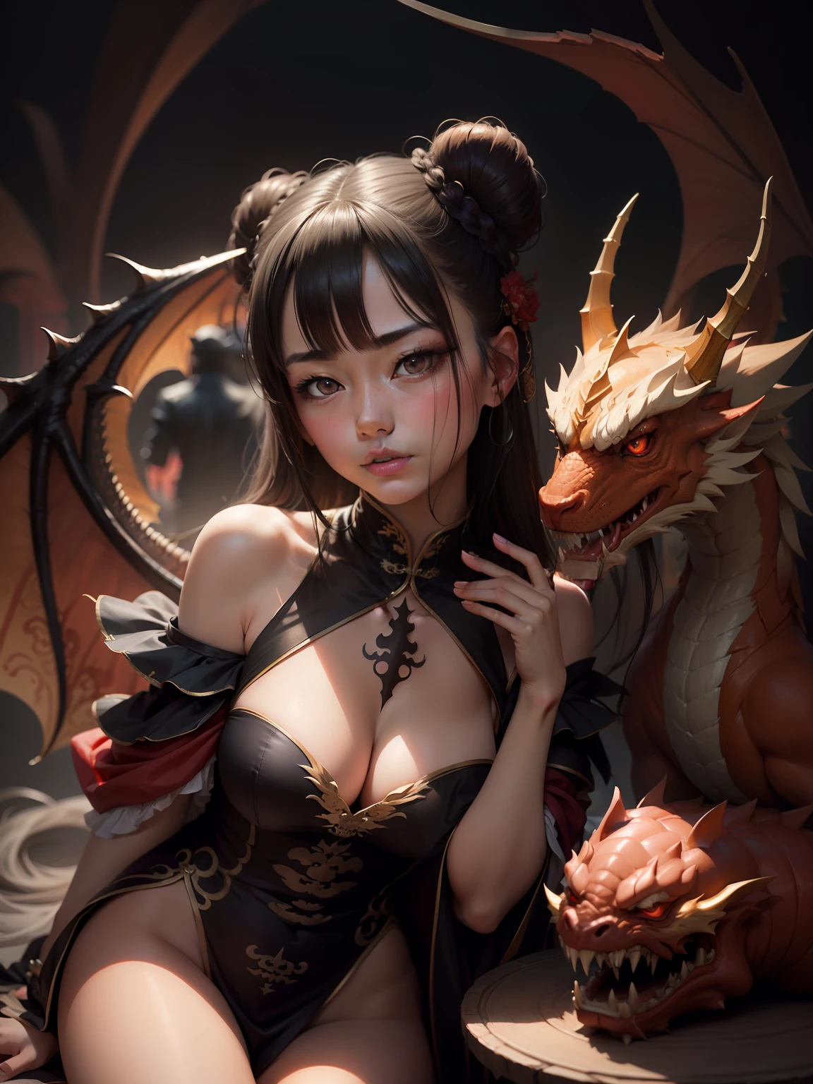 masterpiece, best quality,Chinese fairy, 1girl\(loli\) and iris red dragon, Chinese dragon pan glaring at girl, bun, dark gray background, --auto