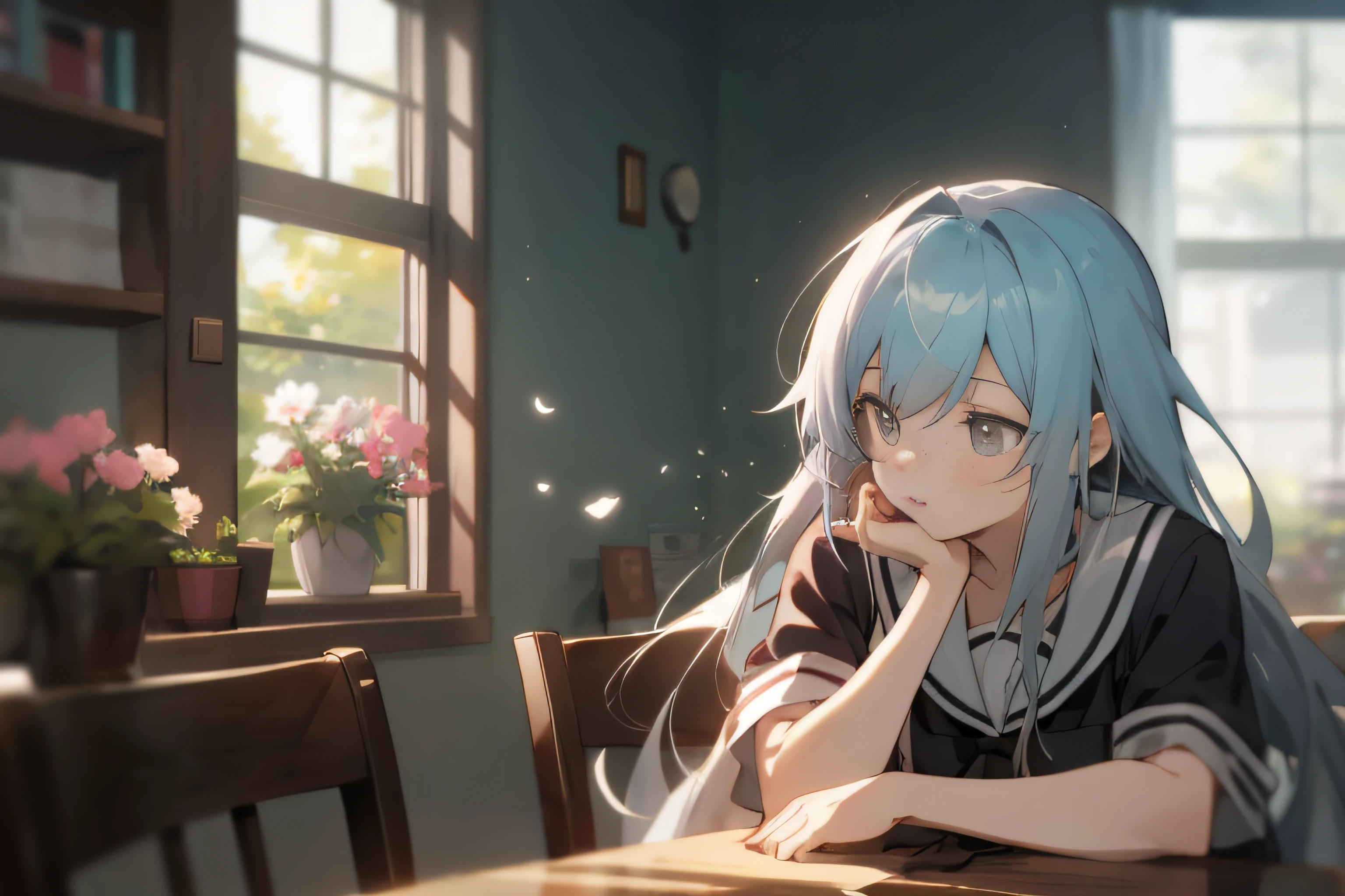 Anime girl with long gray hair sitting at a table with flowers, from girls frontline, anime visual of a cute girl, girls frontline style, up of young anime girl, anime moe art style, Cute anime girl, 4k manga wallpapers, Best anime 4k konachan wallpaper, Kantai collection style, Anime art wallpaper 8 K, style of anime4 K, anime girl profile