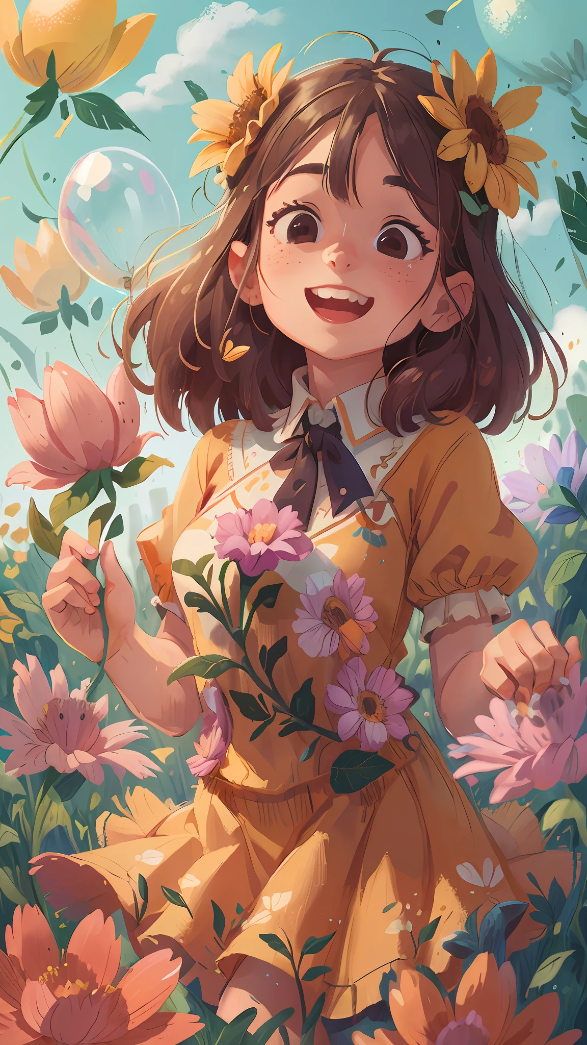 A girl holding flowers, colorful balloons floating in the sky, meadow, dancing, holding flowers, happy, happy, perfect quality, clear focus (clutter-home: 0.8), (masterpiece: 1.2) (Realistic: 1.2) (Bokeh) (Best quality) (Detailed skin: 1.3) (Intricate details) (8K) (Detail Eyes) (Sharp Focus), (Happy)