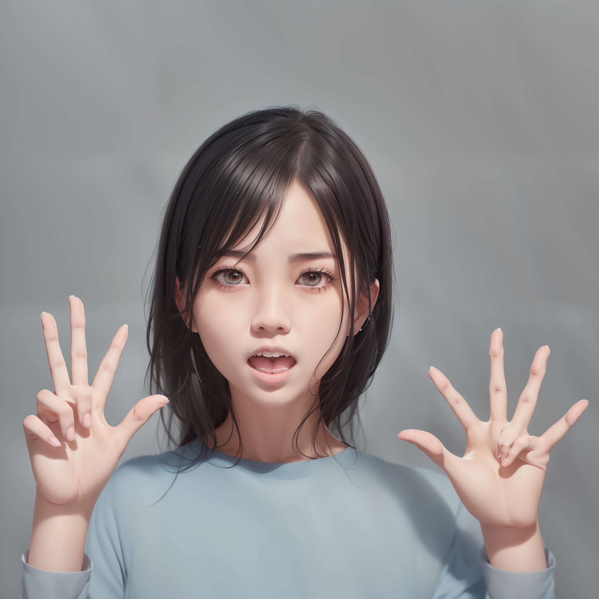 Alafed asian woman with hands raised in front of her face, japanese facial features, korean symmetrical face, Young Asian Woman, asian female, a young asian woman, Young Asian Girl, Have symmetrical facial features, Attractive symmetrical face, symmetrical facial feature,excited expressions, Asian Girl, Asian Woman, Expressive look of surprise,I have my mouth wide open