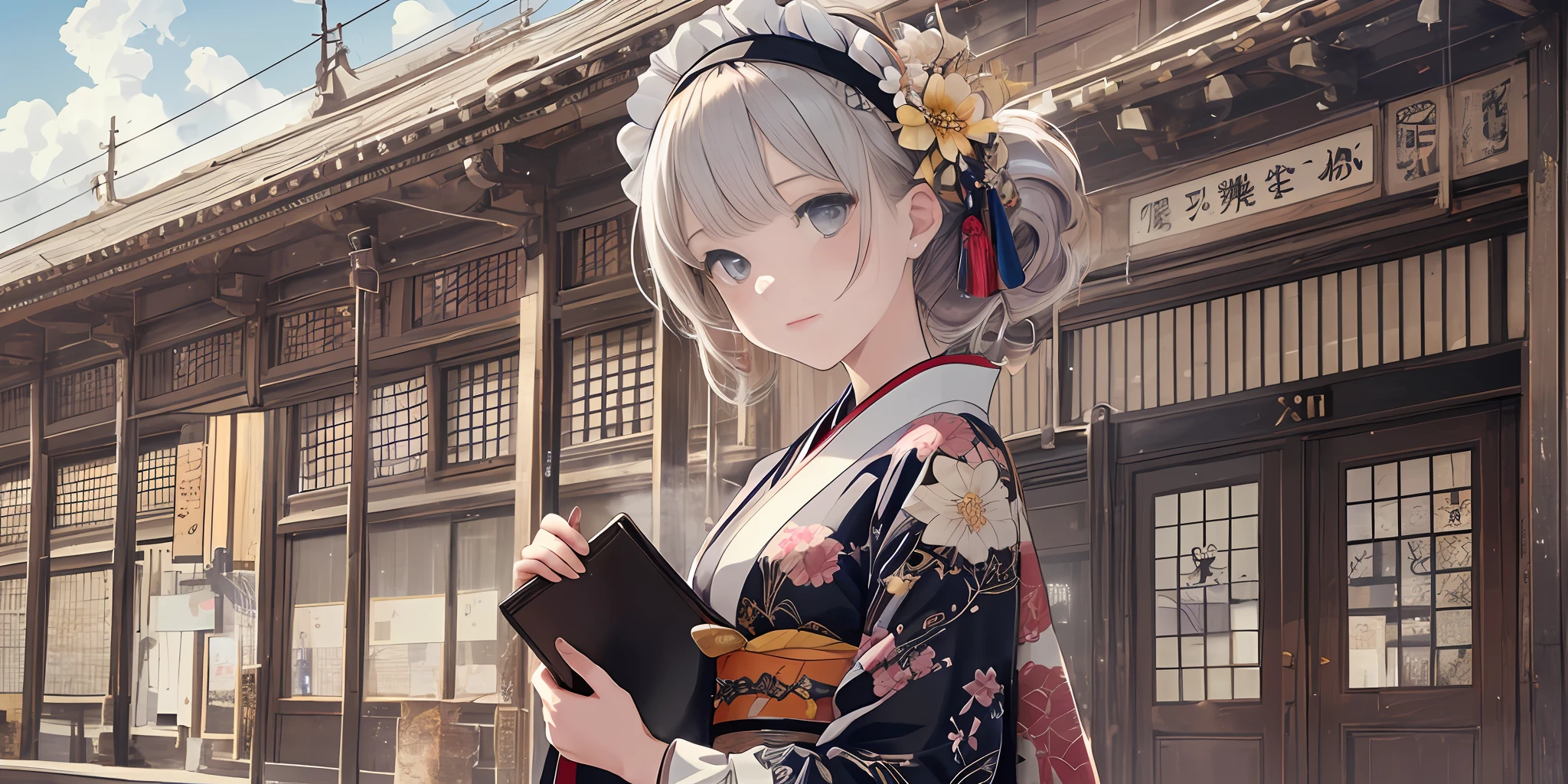 (extremely detailed CG unity 8k wallpaper),(masterpiece), (best quality), (ultra-detailed), (best illustration),(best shadow), (an extremely delicate and beautiful), dynamic angle, floating, finely detail, (bloom), (shine), glinting stars, classic, (painting), (sketch), Taisho steampunk, (steampunk:1.2)
(1girl:1.7), (2020s), (cute face:1.3), anime face, ((solo)), beautiful detailed face, shiny hair, colorful clothes, (kimono), (Japanese maid), maid dress, maid headdress, hair flower, hair ornament, (Frill), Brass Pocket Watch, extremely delicate and beautiful girls, beautiful detailed eyes, cowboy shot,
steam train, building architecture, (Japanese style architecture), (street:1.2)