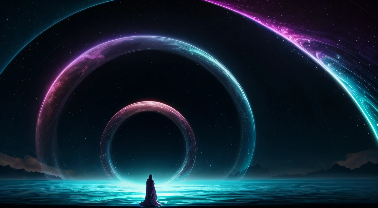 (delicate and detailed) alternate dimensions, parallel universes, imaginary realms, fantastic colors, a surreal scene with (1-2 humanoids) in the foreground, (multicolored_hair:1.2+silver hair+purple hair:0.8) and (a flowing dress or robe) on the figures, a (twisted:0.7+ethereal:0.3) background with (floating islands:1.1), a (shimmering:1.5) portal in the distance, and (vibrant:0.8+pastel:0.2) hues throughout the image. --auto